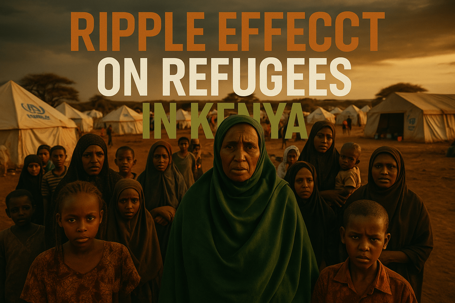 A cinematic image of a vibrant refugee camp in Kenya, filled with diverse, emotional faces expressing resilience amidst adversity. The background should feature tents and humanitarian aid, contrasted against a dusky sky. Utilize olive green highlights to emphasize hope, bronze tones for warmth, and a dynamic layout that utilizes the rule of thirds. Overlay with bold, multi-line H2 text displaying 'RIPPLE EFFECT' in bronze, 'ON REFUGEES' in white, and 'IN KENYA' in olive green, ensuring the text pops against the background and adheres to a 20% safe zone from the margins.