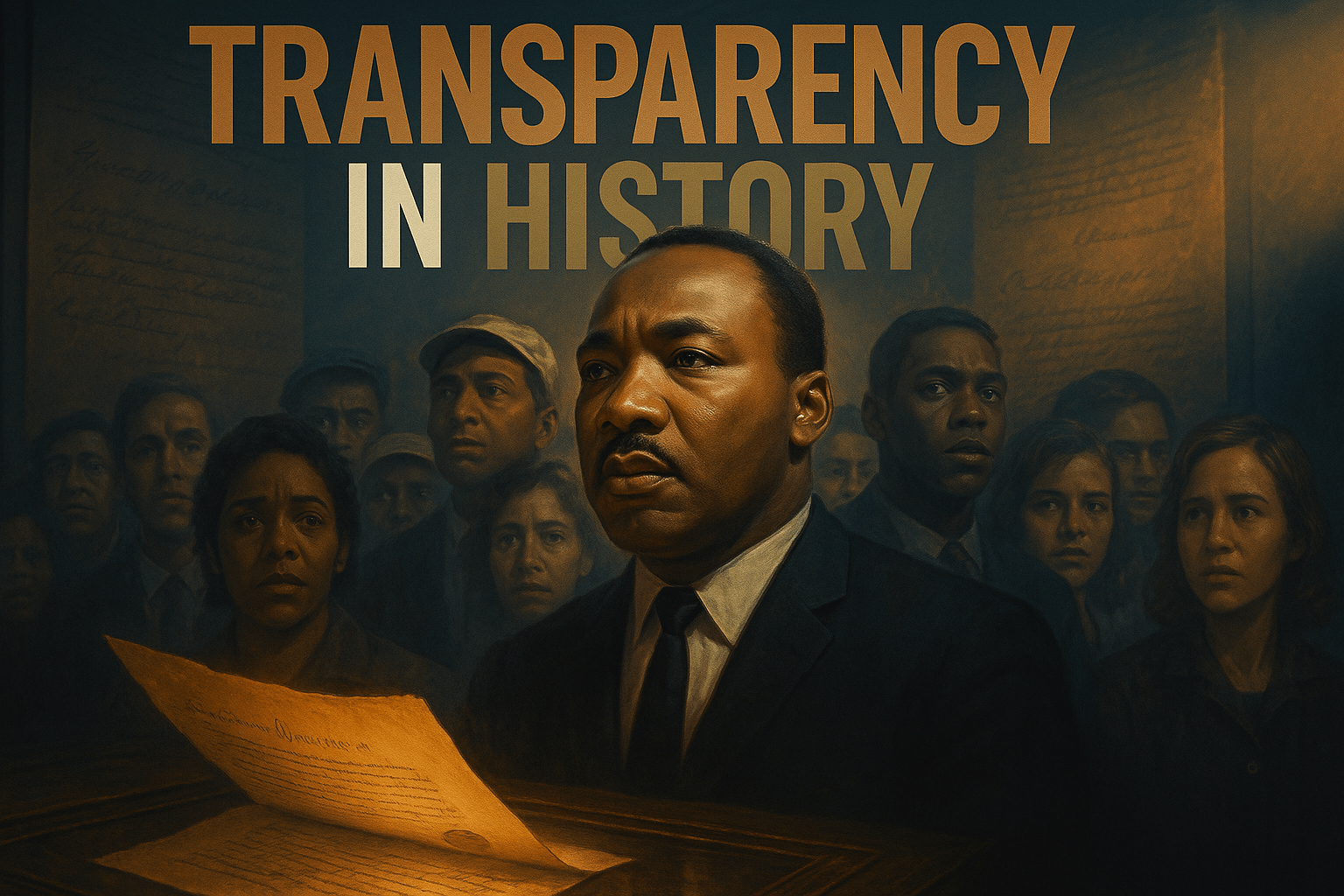 A cinematic image of a powerful, emotional scene depicting Dr. Martin Luther King Jr. surrounded by a diverse group of people, their faces showing a mix of hope and concern, set against a backdrop of historical documents and a glowing light illuminating the scene. The mood is reflective and poignant, captured with a high-resolution camera to emphasize the details in their expressions. Striking detail: a prominent, unsealed document in the foreground. The colors are rich and contrasting, with deep blues and warm bronze tones. The composition follows the rule of thirds, leading the viewer's eye to Dr. King's face. H2 text in a multi-line impact font: 'TRANSPARENCY' in Bronze, 'IN' in White, 'HISTORY' in Olive, ensuring the text is bold and stands out against the background, placed outside the 20% safe zone from all margins.
