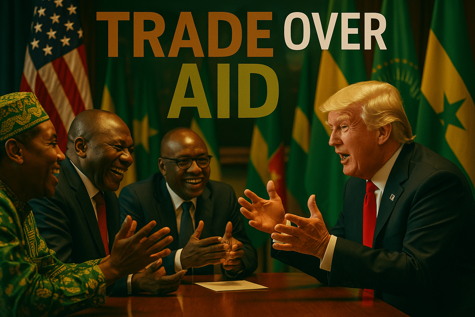 A cinematic image of African leaders engaged in a dynamic trade discussion with President Trump, showcasing a vibrant atmosphere filled with optimism and collaboration. The scene is illuminated with bright, warm lighting, capturing the emotional expressions of the leaders as they interact. The camera angle is slightly low to emphasize the importance of the meeting, with a striking detail of a U.S. flag and African flags in the background, symbolizing partnership. The composition follows the rule of thirds, drawing the viewer's eye towards the central figures. The colors are rich and contrasting, with deep greens and golds to represent prosperity. 'TRADE OVER AID' in a multi-line H2 impact font, with 'TRADE' in Bronze, 'OVER' in White, and 'AID' in Olive, ensuring the text stands out against the background.