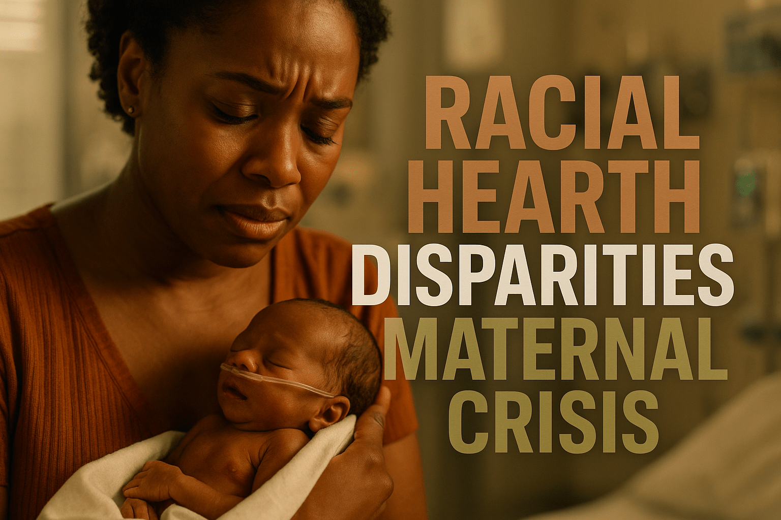 A cinematic image of a concerned Black mother holding her premature baby in a hospital setting, bright and warm lighting to evoke emotion, photorealistic style with a focus on their expressions, capturing the gravity of racial health disparities; the background features blurred medical equipment to emphasize the urgency of the situation. The high-impact phrase in bold multi-line H2 'IMPACT' font reads: 'RACIAL HEALTH' in bronze, 'DISPARITIES' in white, with 'MATERNAL CRISIS' in olive, all words separated from the background for emphasis, ensuring no text is within a 20% safe zone from margins.