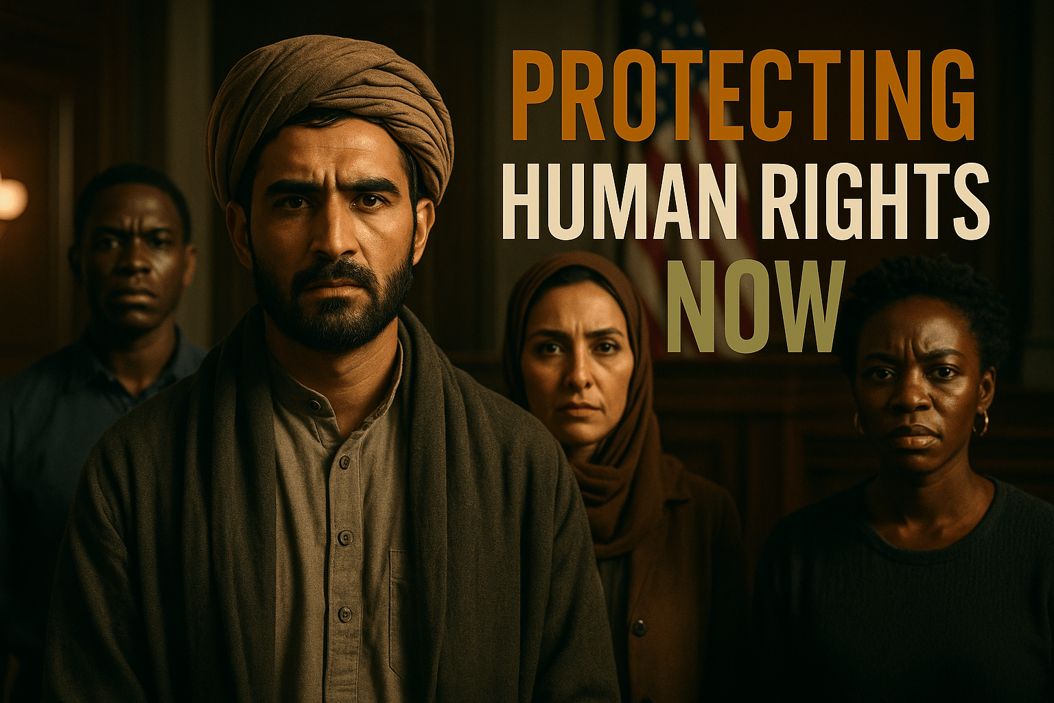 A cinematic image of a diverse group of individuals from Afghanistan and Cameroon, expressing concern and determination, set against a backdrop of a courtroom and the American flag, with dramatic lighting highlighting their faces, conveying a mood of urgency and resilience. The composition should follow the rule of thirds, with the main subjects in focus and the courtroom details slightly blurred in the background. Use contrasting colors to make the scene pop, with warm tones for the individuals and cooler tones for the background. Include the high-impact phrase in a multi-line H2 'impact' font: 'PROTECTING', 'HUMAN RIGHTS', 'NOW' in bronze, white, and olive respectively, ensuring the text is well-separated from the background and outside the 20% safe zone.