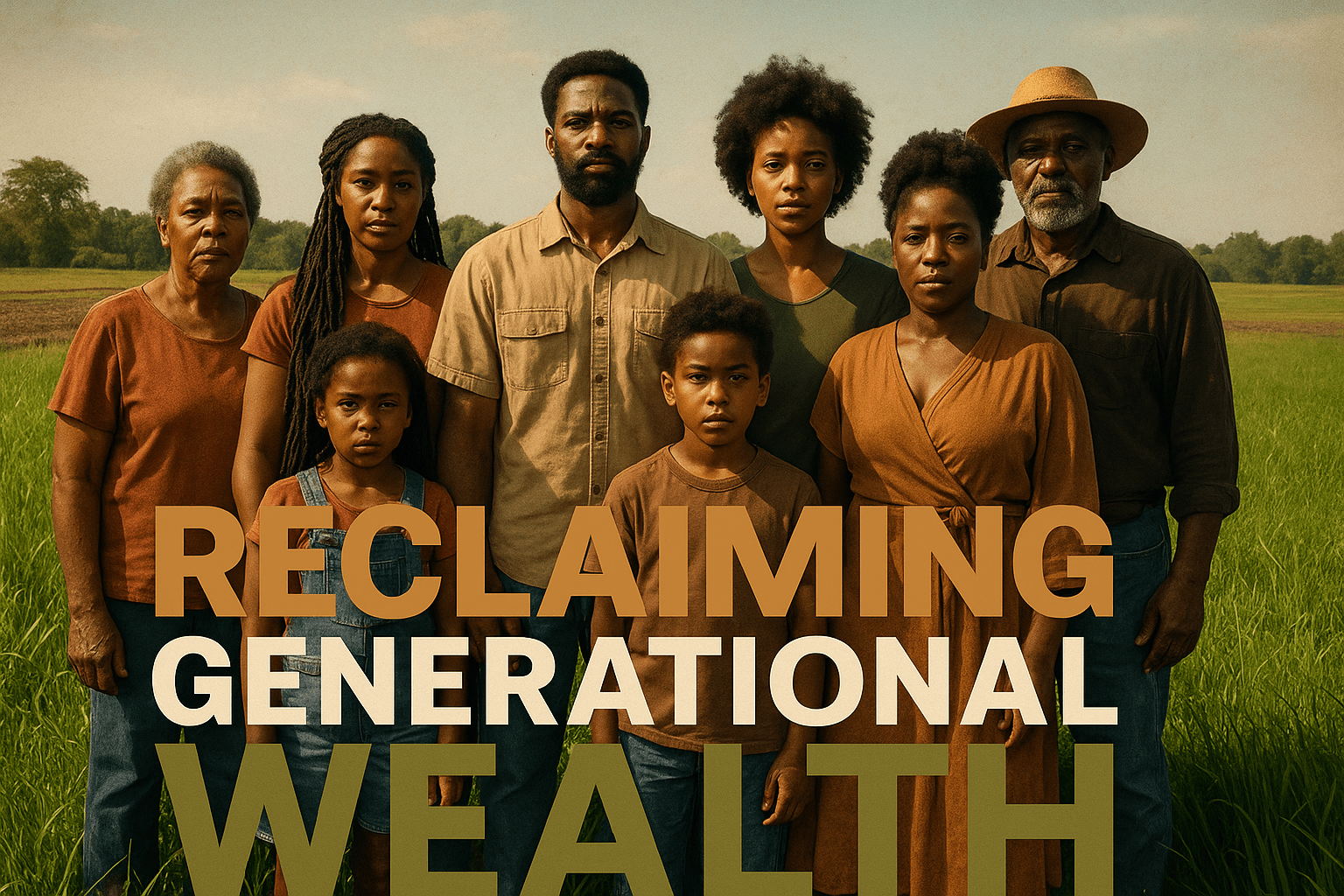 A cinematic image of a diverse group of Black families standing together in a lush, vibrant field, symbolizing unity and resilience, with a vintage photograph overlay of farmland, bright green grass under a blue sky, evoking themes of heritage and struggle. In the foreground, a prominent multi-line H2 text reads: 'RECLAIMING' in Bronze, 'GENERATIONAL' in White, 'WEALTH' in Olive, creatively separated from the background, with impactful contrasts that capture attention, all elements filling the canvas with a powerful emotional expression of hope and determination.