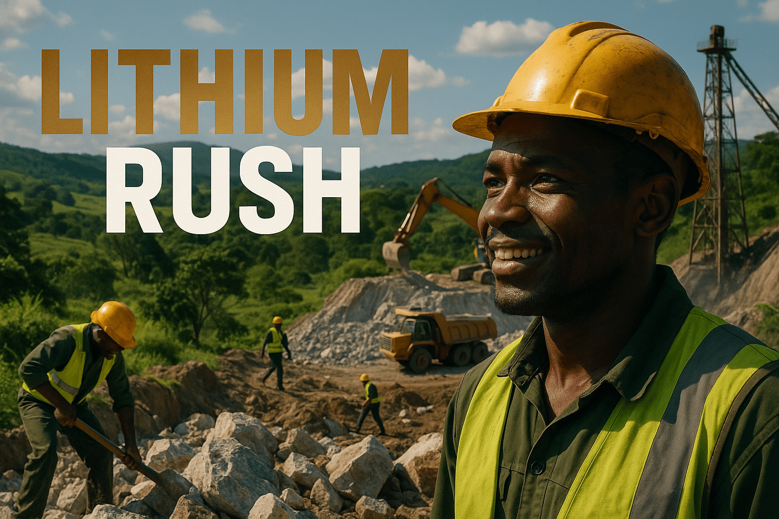 A cinematic image of a vibrant Zimbabwean landscape with lithium mining operations in the background, showcasing workers in action, bright sunlight illuminating the scene, and a striking contrast between the lush greenery and the industrial elements. The mood is hopeful and dynamic, capturing the potential of the lithium industry. Include a close-up of a miner's face expressing determination and optimism. The composition follows the rule of thirds, guiding the viewer's eye towards the miner while the mining operations create a backdrop of opportunity. Use a color palette of greens, browns, and metallics to emphasize the natural and industrial aspects. Overlay the high-impact phrase in a multi-line H2 'impact' font: 'LITHIUM RUSH', with 'LITHIUM' in Bronze, 'RUSH' in White, and ensure the text is outside the 20% safe zone from all margins.