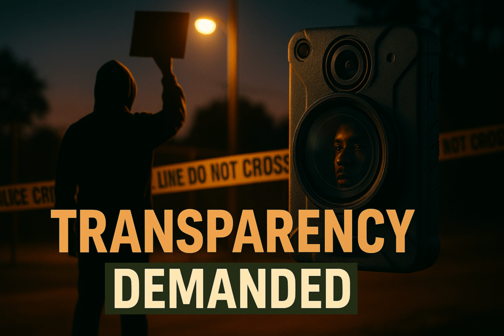A lone protester standing under the glare of a streetlight at dusk in Homewood, Alabama, their silhouette framed by police crime-scene tape fluttering in the breeze. In the midground, a body-camera lens floats semi-transparently, its glass catching a reflection of the protester’s determined face. The background is a softly blurred soccer-park fence and darkening sky, evoking suspense and urgency. 