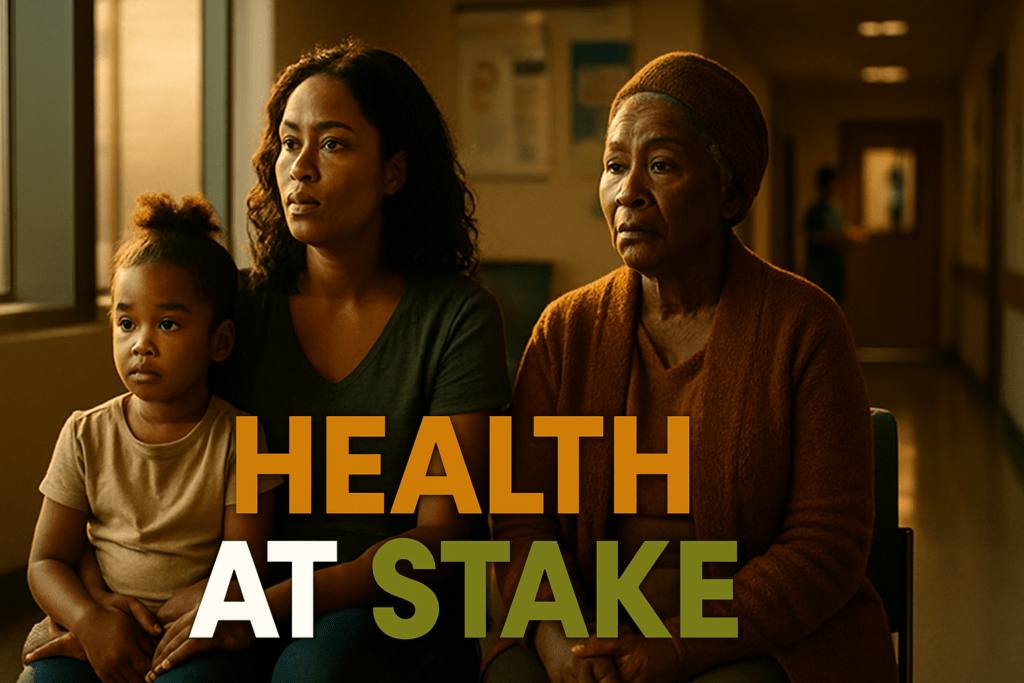 A multigenerational American family—an older Black grandmother, a middle-aged Black mother, and a young child—waiting in a bright, modern clinic hallway. Use warm golden-hour lighting streaming through large windows, casting dramatic, hopeful shadows. Frame the family off-center following the rule of thirds, with leading lines from the corridor drawing the eye toward them. Behind them, a subtle blurred background of medical posters and a nurse’s station adds context without clutter.
