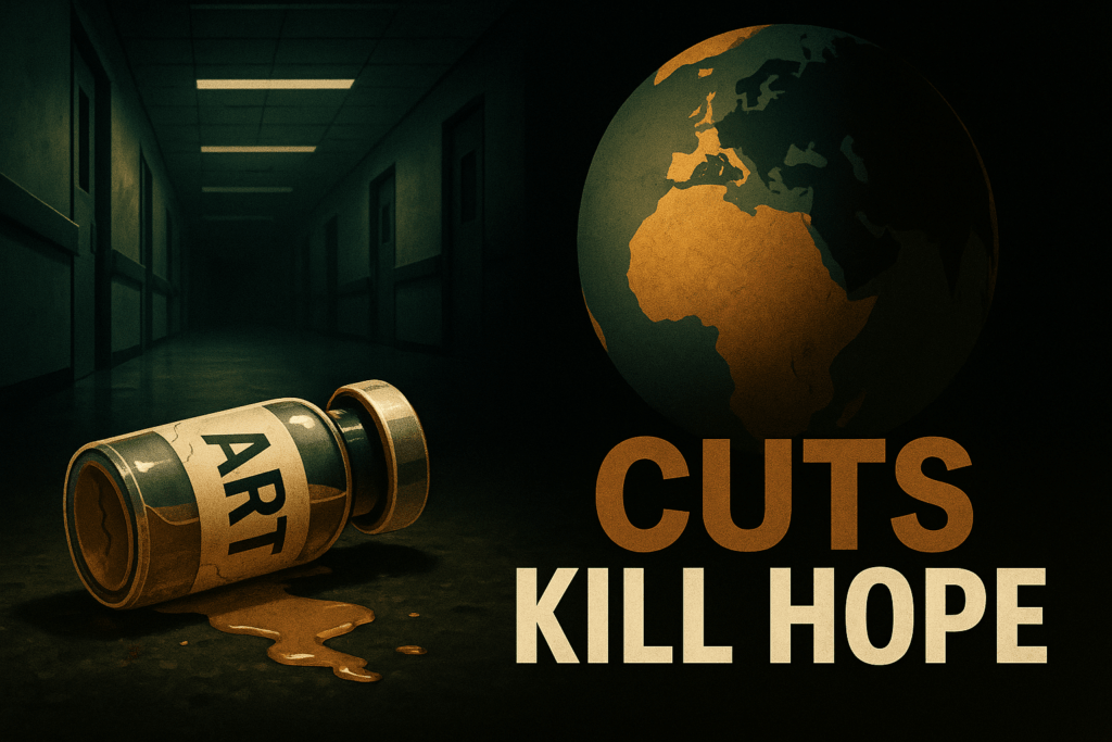 An an empty clinic hallway under harsh fluorescent lights, its walls fading into deep shadow. In the foreground, a cracked medicine vial labeled “ART” lies tipped over, its contents spilled across the floor. Behind it, a stylized globe half in bronze (#966327) and half in olive green (#778956) hovers, half eclipsed by darkness, symbolizing a world slipping back.