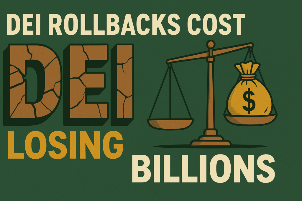 Illustration on a dark olive-green background showing giant, cracked bronze letters “DEI” on the left. To their right sits a tilted balance scale: the left pan empty and the right pan holding a heavy gold money bag marked with a dollar sign, causing it to dip down. Above the scene, in bold cream text, reads “DEI ROLLBACKS COST,” and below, large bronze and white letters spell out “LOSING BILLIONS.” The cracked texture of the “DEI” letters and the skewed scale visually emphasize the financial damage caused by cutting diversity, equity, and inclusion programs.