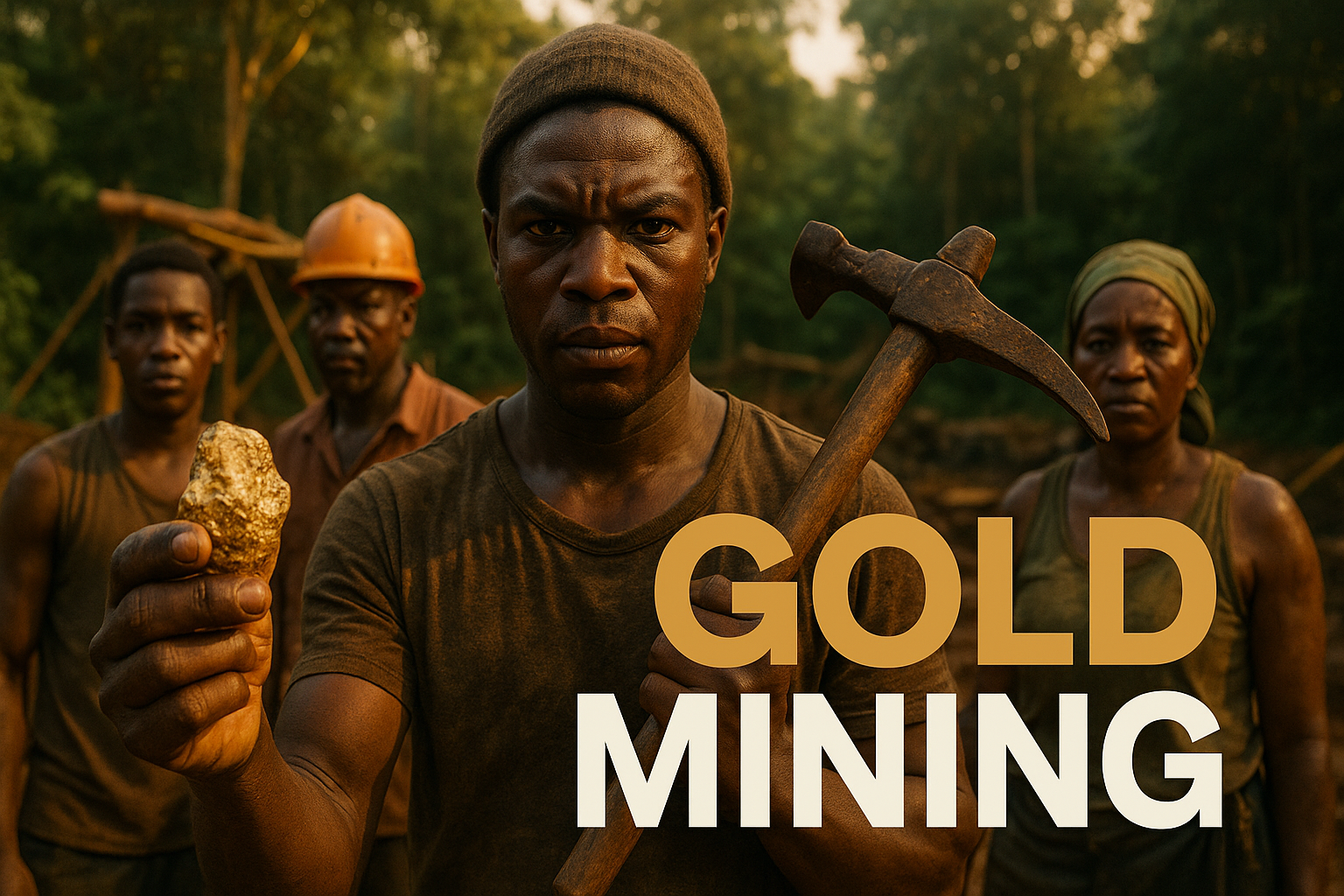 A cinematic image of a dramatic gold mining scene in Ghana, showcasing a diverse group of miners with determined expressions, illuminated by warm sunlight filtering through dense trees, creating a contrast between the vibrant gold and the dark earth. The mood is tense yet hopeful, capturing the struggle between illegal mining and regulatory efforts. Include a striking detail of a miner holding a gold nugget in one hand and a pickaxe in the other, symbolizing the duality of livelihood and environmental impact. High-impact phrase in bold multi-line H2 font: 'BRONZE GOLD WHITE MINING' with the words popping against a blurred background of lush greenery and mining equipment.