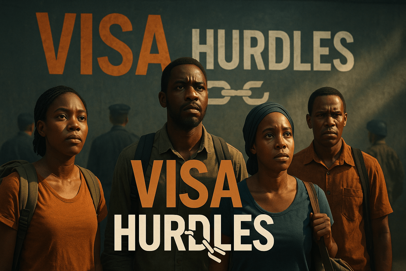 A cinematic image of a diverse group of African travelers standing in front of a large, imposing visa application wall, their expressions a mix of determination and frustration. Bright, contrasting colors highlight the emotional weight of the scene, with soft, dramatic lighting casting shadows that emphasize their faces. The mood is tense yet hopeful, capturing the struggle for mobility. Use a DSLR camera perspective to create depth, focusing on the travelers while blurring the bureaucratic wall behind them. Include the high-impact phrase 'VISA HURDLES' in a multi-line H2 'impact' font, with 'VISA' in Bronze, 'HURDLES' in White, and a striking detail of a broken chain symbolizing freedom.