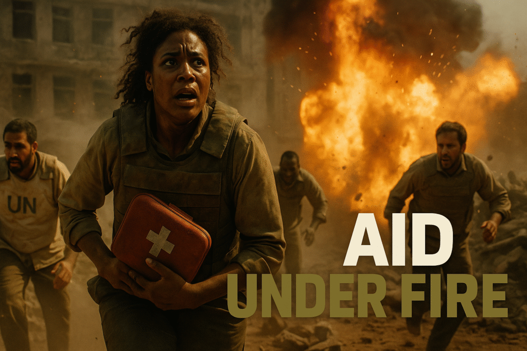 A terrified Black woman aid worker in a bulletproof vest clutches a white first-aid kit while running through a war-torn street. Behind her, diverse aid workers flee from a massive explosion, with smoke and fire engulfing a damaged building. A shattered UN vehicle is visible in the rubble, highlighting the danger faced by humanitarian workers. Bold text above reads “AID UNDER FIRE” with “AID” in bronze, “UNDER” in white, and “FIRE” in olive.