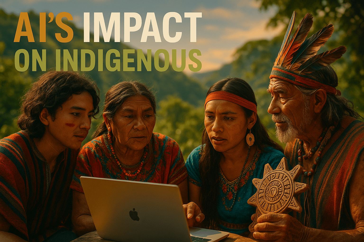 A cinematic image of a diverse group of Indigenous people engaged in a vibrant discussion about technology and culture, set against a lush natural backdrop. The lighting is warm and inviting, creating a hopeful mood. The camera captures close-up expressions of curiosity and determination on their faces. Striking detail: a traditional artifact held by one person, symbolizing the connection between culture and technology. Use bright colors to enhance the emotional impact, with contrasting elements to draw the viewer's eye. The composition follows the rule of thirds, guiding focus to the group while the background showcases the beauty of their land. Include the phrase 'AI'S IMPACT ON INDIGENOUS' in a multi-line H2 'impact' font, with 