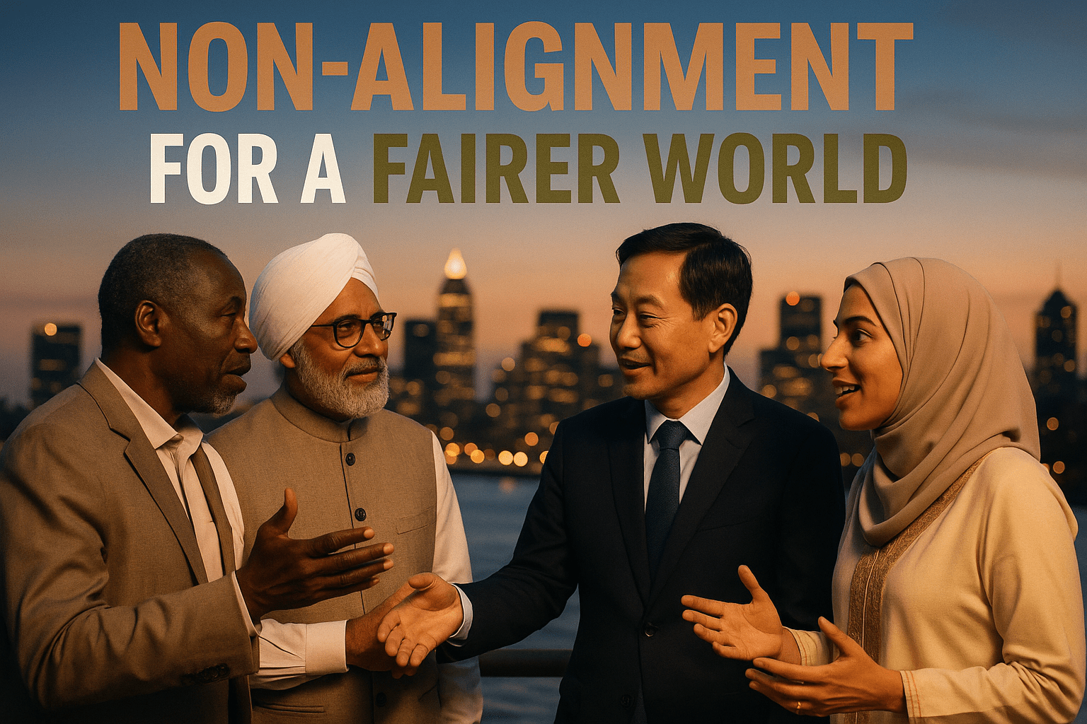 A realistic photojournalistic image of diverse leaders from the Global South engaged in a dynamic discussion, showcasing a blend of cultural attire and modern suits, set against a backdrop of a vibrant city skyline at dusk, illuminated with warm lights. The mood is collaborative and hopeful, emphasizing unity and strategic freedom. The lighting is soft yet bright, highlighting the expressions of determination and optimism on their faces. The composition follows the rule of thirds, with the leaders positioned prominently in the foreground and the skyline framing them. Include a high-impact phrase in a multi-line H2 'impact' font: 'NON-ALIGNMENT' in Bronze, 'FOR A' in White, 'FAIRER WORLD' in Olive, ensuring the text is clear and stands out against the background without cluttering the image.