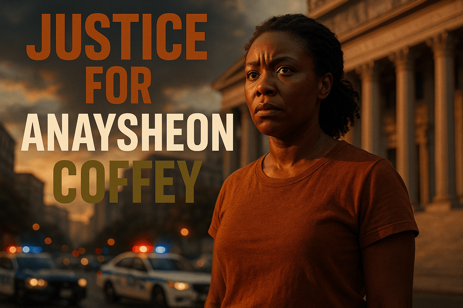 A realistic photojournalistic image of a Black woman, Anaysheon Coffey, standing strong and determined in front of a courthouse, with a concerned expression on her face, symbolizing the fight for justice. The background features blurred police cars and a cityscape, creating a sense of urgency. Bright, contrasting colors highlight the scene, with warm tones illuminating her figure. The lighting is dramatic, casting shadows that emphasize her resilience. The mood is tense yet hopeful. Include the text in a multi-line H2 'impact' font: 'JUSTICE FOR' in Bronze, 'ANAYSHEON' in White, 'COFFEY' in Olive, ensuring the text is bold and stands out against the background.