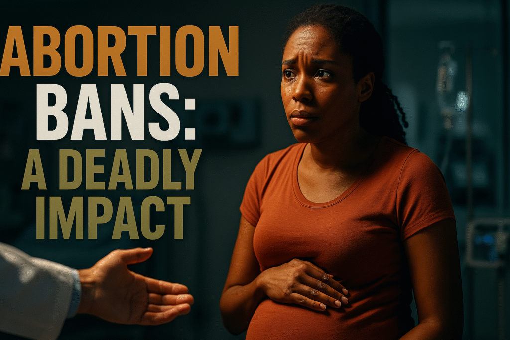 A realistic photojournalistic image of a worried pregnant woman in a hospital setting, illuminated by soft, dramatic lighting that highlights her anxious expression, capturing the emotional weight of abortion bans. The background features blurred medical equipment to emphasize the urgency of healthcare access. The mood is tense yet hopeful, with a striking detail of a doctor's hand reaching out to her, symbolizing support. Use vibrant colors with a contrast of warm tones for the woman and cooler tones for the background to draw attention. At the top, in a multi-line H2 'impact' font, the text reads 'ABORTION BANS: A DEADLY IMPACT' with 'ABORTION' in Bronze, 'BANS:' in White, and 'A DEADLY IMPACT' in Olive, ensuring the words pop against the background.