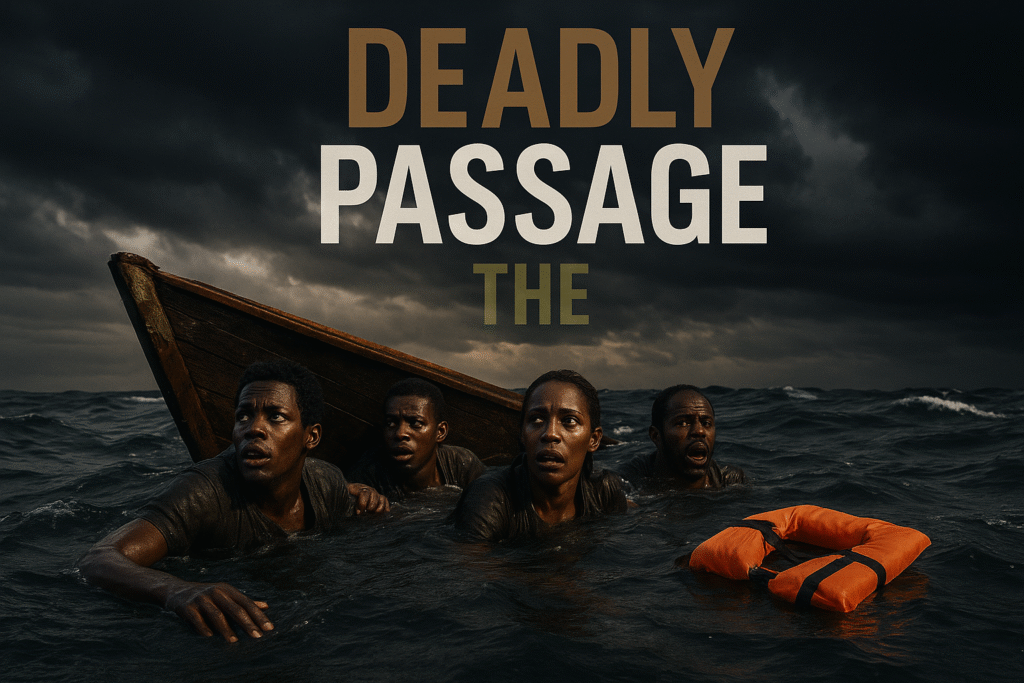 A realistic photojournalistic image of a capsized wooden pirogue in turbulent Atlantic waters, with desperate faces of migrants struggling to stay afloat, illuminated by dramatic lighting that highlights their expressions of fear and hope. The mood is somber yet poignant, capturing the urgency of the situation. Striking detail includes a bright life vest floating nearby, symbolizing the fragility of life. Use a composition that follows the rule of thirds, with the pirogue positioned off-center to draw the viewer's eye. The background should feature dark, stormy clouds to enhance the sense of danger. Overlay the high-impact phrase in a multi-line H2 'impact' font: 'DEADLY PASSAGE' with 'DEADLY' in Bronze, 'PASSAGE' in White, and the word 'THE' in Olive. Ensure the text is clear and pops against the background, maintaining a safe distance from all edges.