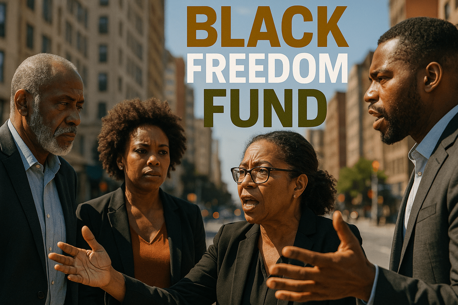 A realistic photojournalistic image of a diverse group of Black community leaders passionately discussing strategies for empowerment, set in a vibrant urban environment with bright sunlight illuminating their faces, conveying a mood of hope and determination. The composition follows the rule of thirds, with the leaders positioned prominently in the foreground and a blurred cityscape in the background. The high-impact phrase 'BLACK FREEDOM FUND' is displayed in a multi-line H2 'impact' font, with 'BLACK' in Bronze, 'FREEDOM' in White, and 'FUND' in Olive, ensuring the text pops against the background and maintains a safe distance from the edges.