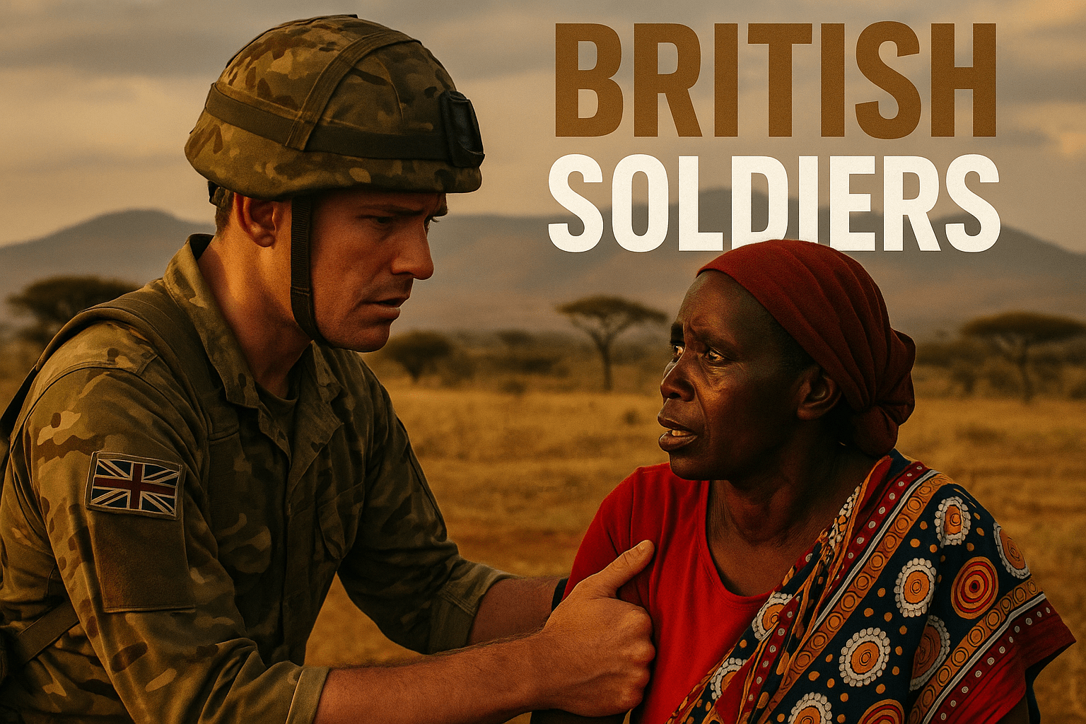 A realistic photojournalistic image of a British soldier in uniform, looking concerned while interacting with a local Kenyan woman, set against a backdrop of the Kenyan landscape. The lighting is warm and natural, creating an emotional and tense mood. The composition follows the rule of thirds, with the soldier and woman positioned off-center, drawing the viewer's eye. The image features vibrant colors, contrasting the soldier's dark uniform with the bright colors of the woman's attire. The high-impact phrase 'BRITISH SOLDIERS' is displayed in a multi-line H2 'impact' font, with 'BRITISH' in Bronze, 'SOLDIERS' in White, and the background subtly blurred to enhance readability.