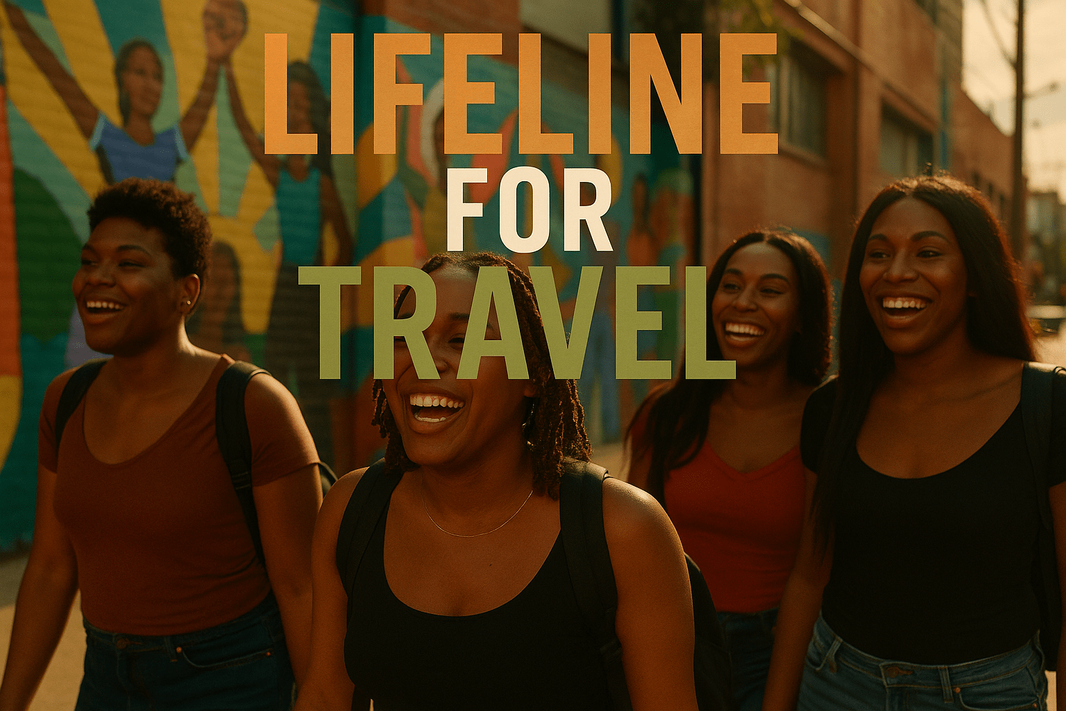 A cinematic image of a diverse group of Black trans individuals joyfully traveling together, showcasing their resilience and unity. Bright, warm lighting enhances the emotional expressions on their faces, creating a hopeful atmosphere. The scene captures a vibrant urban backdrop with colorful murals symbolizing empowerment. The composition follows the rule of thirds, drawing attention to the central figures while leading lines guide the viewer's eye. The high-impact phrase 'LIFELINE FOR TRAVEL' is displayed in a multi-line H2 impact font, with 'LIFELINE' in Bronze, 'FOR' in White, and 'TRAVEL' in Olive, ensuring the text pops against the background.
