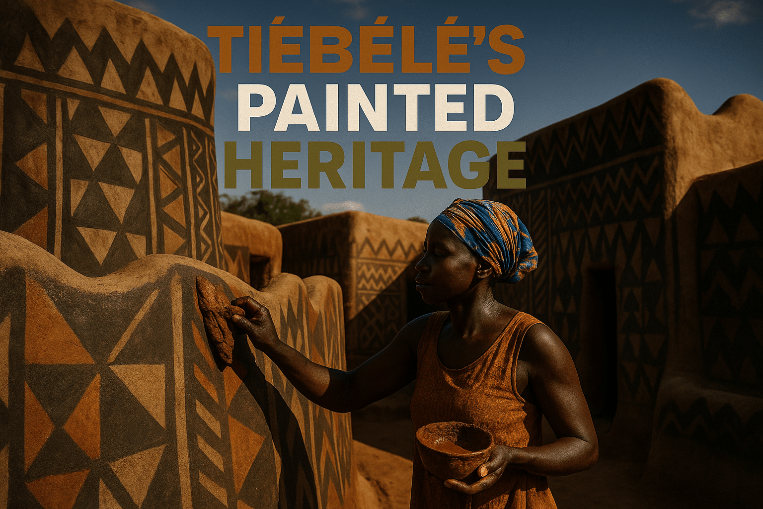 A realistic photojournalistic image of the vibrant painted houses of Tiébélé, showcasing intricate geometric designs and wavy walls, under dramatic lighting that highlights the textures and colors, with a warm, inviting mood. The scene includes a local woman painting the house with natural pigments, emphasizing her expression of dedication and cultural pride. The background features a clear blue sky contrasting with the earthy tones of the houses. Use the rule of thirds to frame the woman and the house, ensuring the composition draws the viewer's eye. Add the text 'TIÉBÉLÉ'S' in Bronze, 'PAINTED' in White, and 'HERITAGE' in Olive, using a multi-line H2 'impact' font, ensuring the text is well-separated from the background and maintains a safe distance from all edges.
