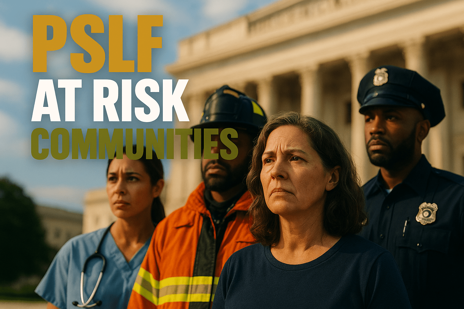 A realistic photojournalistic image of a diverse group of public service workers looking concerned, with a backdrop of a government building, bright and contrasting colors to evoke urgency, soft natural lighting to create an emotional atmosphere, capturing expressions of determination and anxiety, featuring a bold multi-line H2 'impact' font overlay with the words 'PSLF' in Bronze, 'AT RISK' in White, 'COMMUNITIES' in Olive, ensuring the text is prominent and separated from the background, using the rule of thirds for composition.