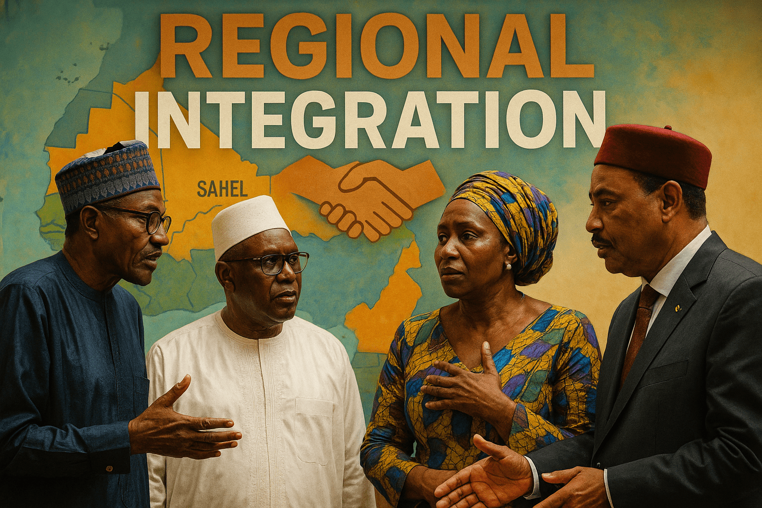 A realistic photojournalistic image of a diverse group of West African leaders engaged in a serious discussion, set against a backdrop of a map of West Africa highlighting the Sahel region, bright colors emphasizing unity and cooperation, warm lighting to create an inviting atmosphere, capturing expressions of determination and hope, with the phrase 'REGIONAL INTEGRATION' in a multi-line H2 'impact' font, the word 'REGIONAL' in Bronze, 'INTEGRATION' in White, and a striking detail of a handshake symbolizing partnership, ensuring the text maintains a safe distance from the edges.