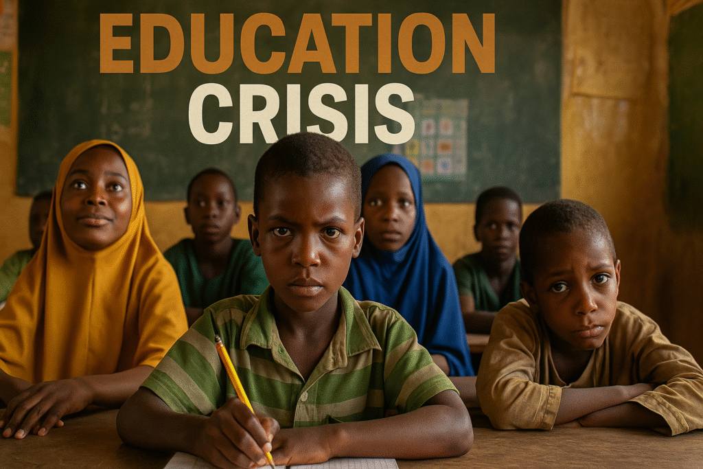 A realistic photojournalistic image of a diverse group of children in a classroom setting, showing a mix of emotions from hope to despair, bright natural lighting illuminating their faces, capturing the essence of education amid conflict, with a focus on a young boy looking determined while holding a pencil. The background features educational materials and a chalkboard. The composition follows the rule of thirds, leading lines direct attention to the children, and the colors are vibrant with contrasting hues of warm and cool tones. Include the text 'EDUCATION CRISIS' in a multi-line H2 'impact' font, with 'EDUCATION' in Bronze, 'CRISIS' in White, and a subtle Olive shadow effect, ensuring the text stands out against the background without cluttering the image.