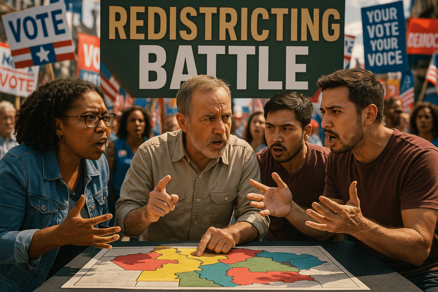 A realistic photojournalistic image of a diverse group of passionate voters engaging in a heated discussion about redistricting, set against a backdrop of a vibrant political rally with colorful banners and signs. The lighting is bright and dynamic, capturing the energy of the moment. The mood is intense and focused, highlighting the urgency of the redistricting battle. In the foreground, a striking detail is a large map with highlighted districts, symbolizing the stakes involved. The composition follows the rule of thirds, drawing the viewer's eye to the central group while maintaining a sense of movement throughout the scene. The high-impact phrase 'REDISTRICTING BATTLE' is displayed in a multi-line H2 'impact' font, with 'REDISTRICTING' in Bronze, 'BATTLE' in White, and the background contrasting with Olive tones to make the text pop.