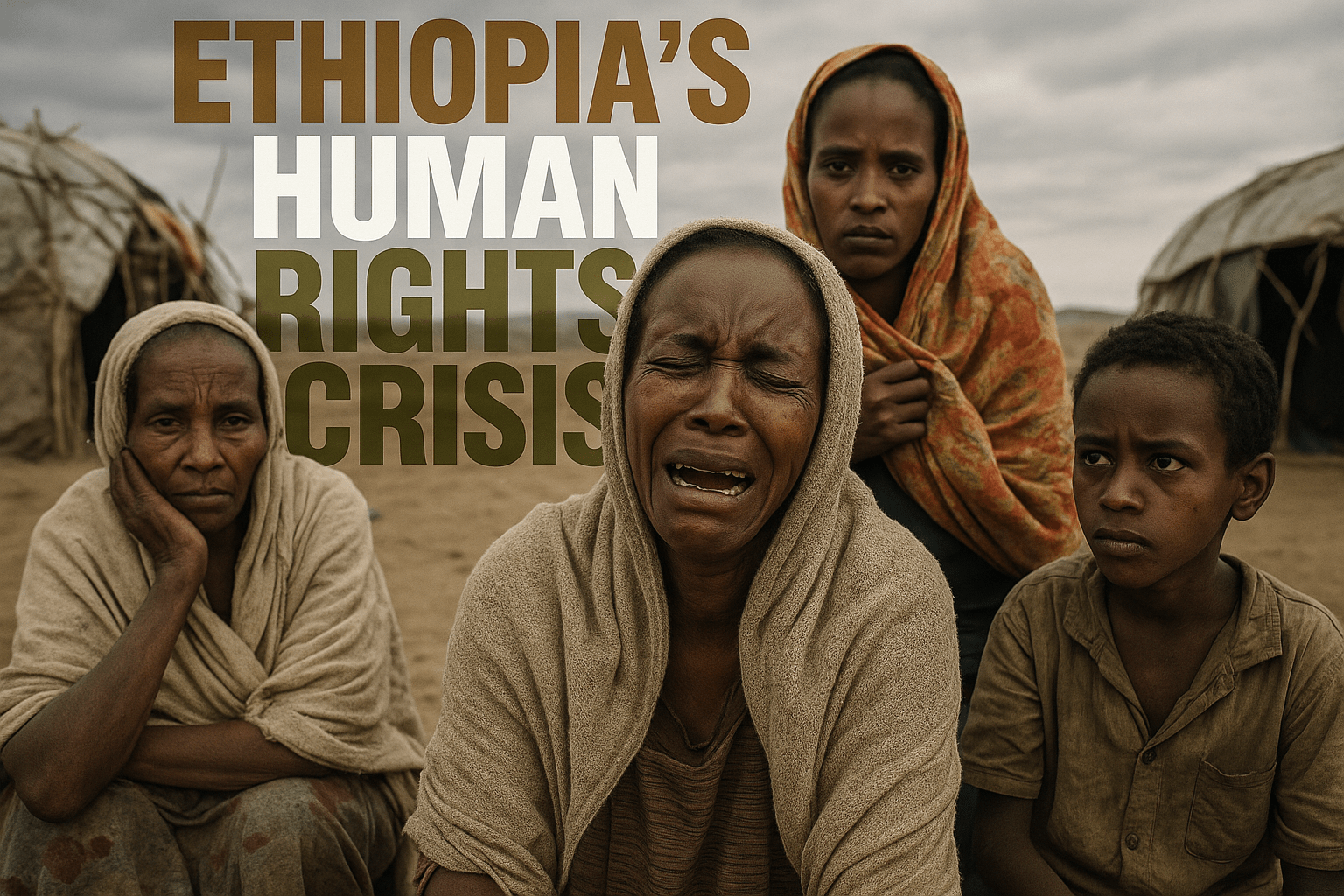 A realistic photojournalistic image of a group of distressed Ethiopian internally displaced people, showcasing their emotional expressions and resilience amidst a backdrop of makeshift shelters and barren landscapes, captured in natural light with a somber yet hopeful mood. The composition follows the rule of thirds, focusing on the faces of the individuals while including elements of their environment to convey the gravity of their situation. Use contrasting colors to highlight the subjects against the muted background. Include a multi-line H2 'impact' font with the phrase 'ETHIOPIA'S HUMAN RIGHTS CRISIS' where 'ETHIOPIA'S' is in Bronze, 'HUMAN' is in White, and 'RIGHTS CRISIS' is in Olive, ensuring the text stands out and maintains a safe distance from all edges.