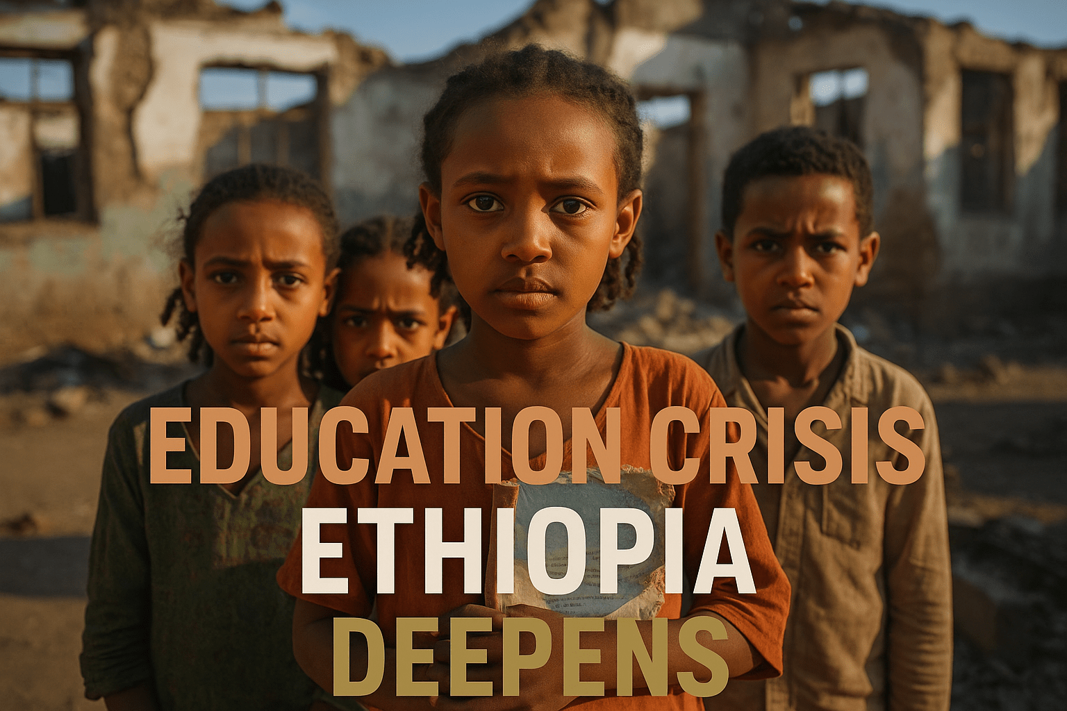 A realistic photojournalistic image of a group of Ethiopian children looking hopeful yet concerned, standing in front of a damaged school building, with bright sunlight illuminating their faces, capturing their emotional expressions. The mood is somber yet resilient, emphasizing the urgency of the education crisis. Include a striking detail of a torn school book held by one child. Use a shallow depth of field to focus on the children's faces while softly blurring the background. The colors should be vibrant, contrasting the warm tones of the sunlight with the cooler tones of the damaged building. Overlay the text in a multi-line H2 'impact' font: 'EDUCATION CRISIS' in Bronze, 'ETHIOPIA' in White, 'DEEPENS' in Olive.