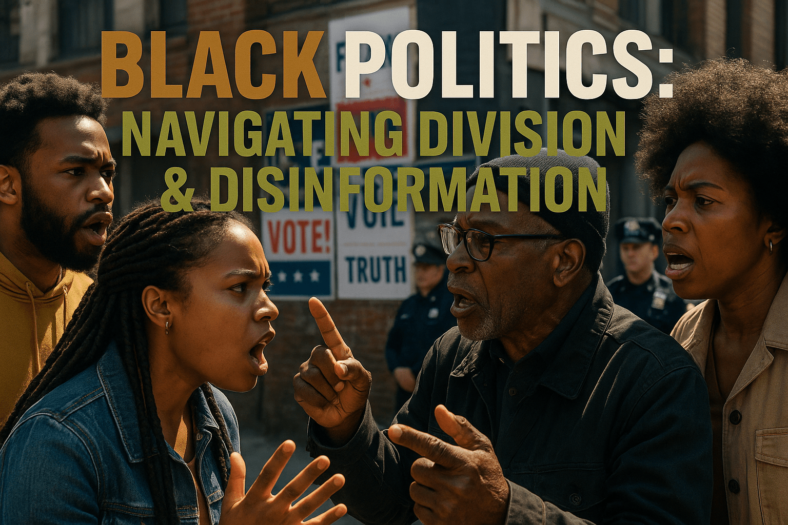 A realistic photojournalistic image of a diverse group of Black individuals engaged in a passionate discussion on a city street, with a backdrop of political posters and law enforcement presence, capturing a mood of urgency and determination. Bright, contrasting colors highlight their expressions, with natural sunlight illuminating their faces. The composition follows the rule of thirds, focusing on the central figures while leading lines draw attention to the political context. Include the high-impact phrase in bold multi-line H2 font: 'BLACK POLITICS: NAVIGATING DIVISION & DISINFORMATION' with 'BLACK' in Bronze, 'POLITICS:' in White, and 'NAVIGATING DIVISION & DISINFORMATION' in Olive, ensuring text is well-placed and visually striking against the background.