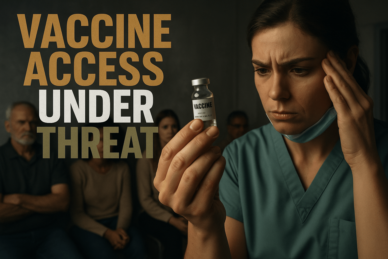 A realistic photojournalistic image of a concerned healthcare professional looking at a vaccine vial in a dimly lit clinic, with a backdrop of a diverse group of patients waiting anxiously, conveying a sense of urgency and confusion. The lighting is soft yet dramatic, highlighting the expressions of concern on the faces of the patients. The mood is tense and reflective, emphasizing the impact of new vaccine policies. The striking detail is a close-up of the healthcare professional's hand holding the vial, symbolizing the weight of the decision-making process. In the foreground, use a multi-line H2 'impact' font for the text: 'VACCINE ACCESS' in Bronze, 'UNDER' in White, 'THREAT' in Olive, ensuring the text is bold and stands out against the background while maintaining a safe distance from all edges.