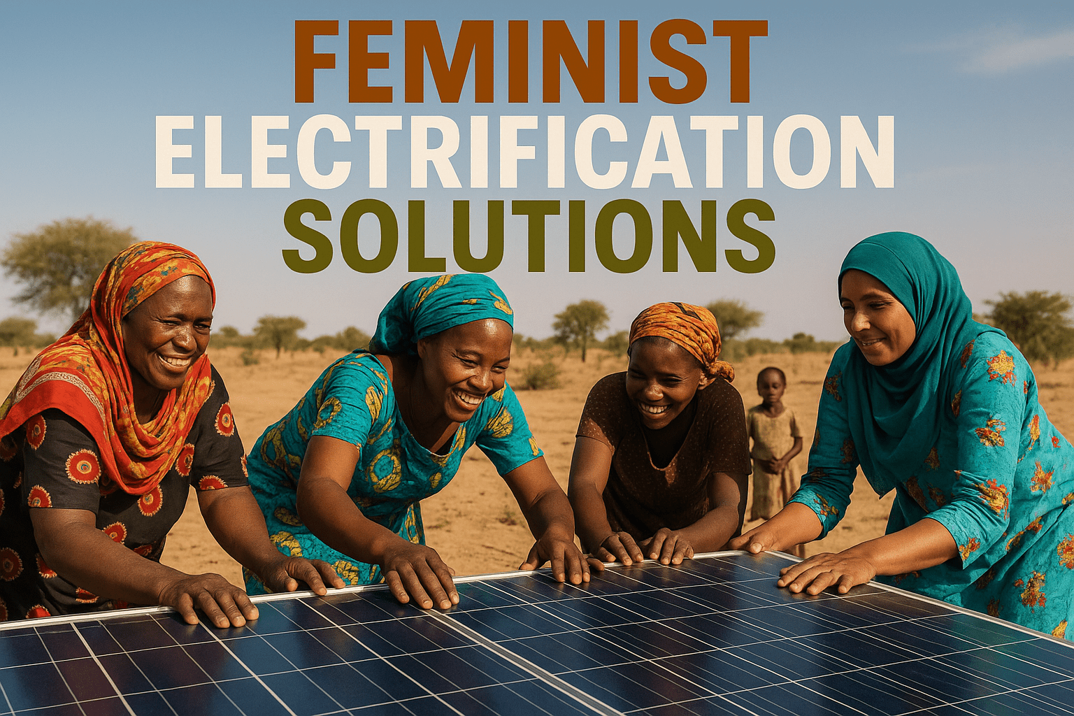 A realistic photojournalistic image of a diverse group of women in Chad, working together to install solar panels in a rural setting, bright sunlight illuminating their faces, conveying empowerment and collaboration. The mood is hopeful and determined, with vibrant colors highlighting the solar panels and the natural landscape. The composition follows the rule of thirds, focusing on the women as the main subject, with a striking detail of a child observing them in the background. Include the text 'FEMINIST ELECTRIFICATION' in a multi-line H2 impact font, with 'FEMINIST' in Bronze, 'ELECTRIFICATION' in White, and a third word 'SOLUTIONS' in Olive, all in ALL CAPS, ensuring the text is clear and stands out against the background.