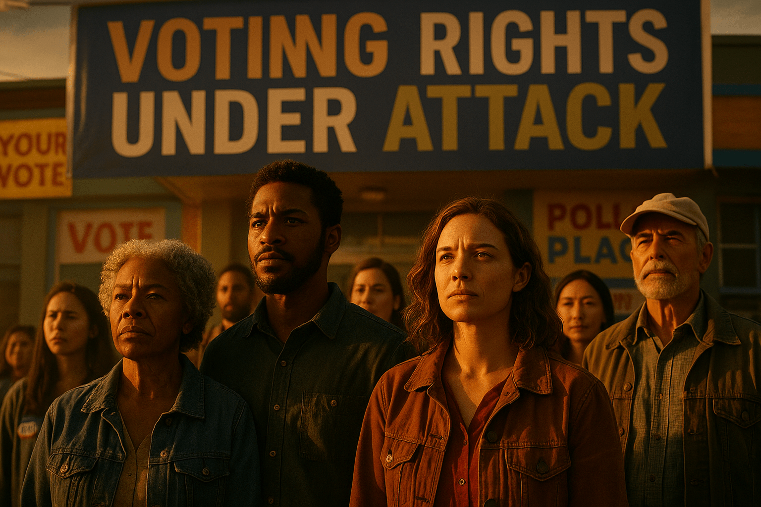A cinematic image of a diverse group of determined voters standing together, their faces filled with hope and resilience, illuminated by warm sunlight, capturing the mood of empowerment and urgency. The background features a vibrant polling station with colorful banners promoting voting rights. The composition follows the rule of thirds, drawing the viewer's eye towards the group in the foreground. The high-impact phrase 'VOTING RIGHTS UNDER ATTACK' is displayed in a multi-line H2 impact font, with 'VOTING' in Bronze, 'RIGHTS' in White, and 'UNDER ATTACK' in Olive, ensuring the text pops against the background.