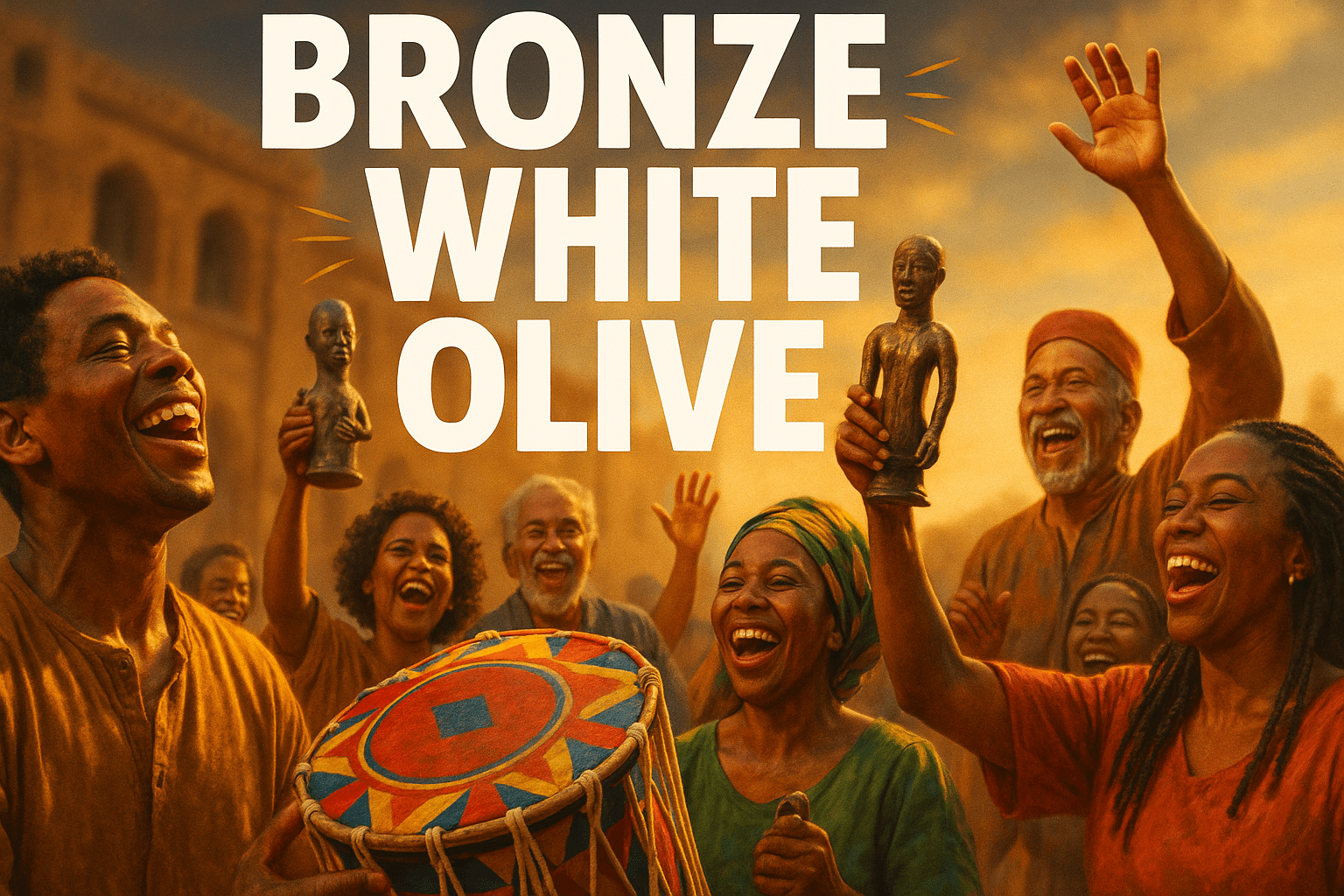 A cinematic image of a vibrant, emotional scene depicting a diverse group of people celebrating the return of cultural artifacts, with bright colors and dynamic expressions. The lighting is warm and inviting, capturing a sense of hope and unity. The camera angle is slightly low, emphasizing the joy on their faces as they hold traditional items. The background features a blurred historic building, symbolizing the connection to their heritage. Striking detail: a colorful talking drum prominently displayed in the foreground. H2 text in a multi-line impact font: 'BRONZE' 'WHITE' 'OLIVE' with the words separated by dynamic elements to enhance visibility.