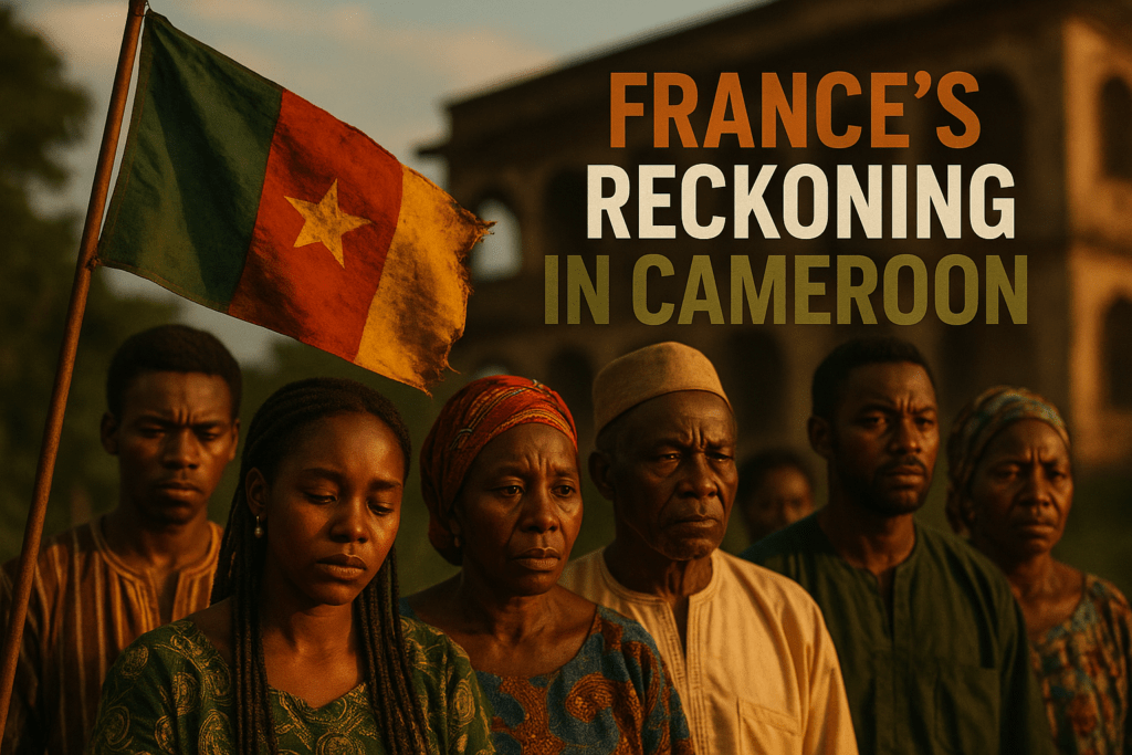 A realistic photojournalistic image of a somber Cameroonian landscape reflecting the historical struggle for independence, featuring a group of diverse, emotionally expressive faces of Cameroonians in traditional attire, illuminated by warm, golden hour lighting. The mood is reflective and poignant, capturing the weight of history. In the foreground, a striking detail of a weathered independence flag waving gently in the breeze. The background showcases a blurred depiction of a colonial-era building, symbolizing the past. Use vibrant colors to create contrast, with deep greens and earthy tones enhancing the emotional depth. The composition follows the rule of thirds, guiding the viewer's eye toward the faces and the flag, while the high-impact phrase 'FRANCE'S RECKONING IN CAMEROON' is displayed in a multi-line H2 font, with 'FRANCE'S' in bronze, 'RECKONING' in white, and 'IN CAMEROON' in olive, ensuring the text stands out against the background.