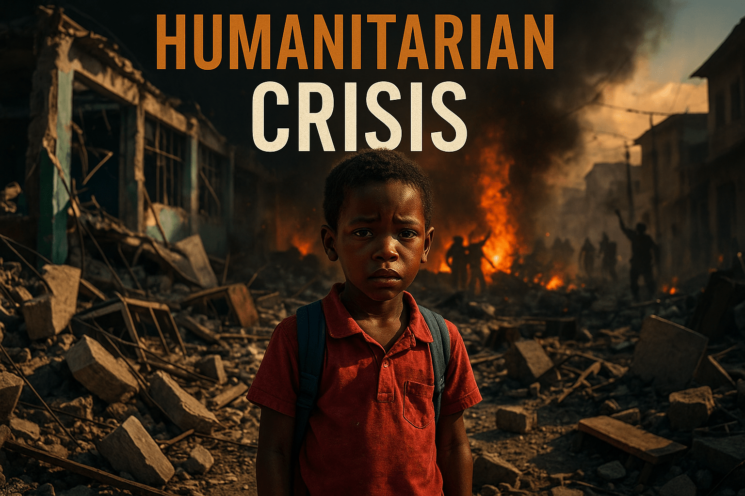 A cinematic image of a distraught Haitian child standing amidst the rubble of a destroyed school, with a backdrop of chaotic urban violence, dramatic lighting casting deep shadows, evoking a sense of despair and urgency, photorealistic style, capturing the raw emotion in the child's face, vibrant colors contrasting with the gray destruction, using the rule of thirds to focus on the child, 'HUMANITARIAN CRISIS' in a multi-line H2 impact font, with 'HUMANITARIAN' in Bronze, 'CRISIS' in White, and a dark Olive background.