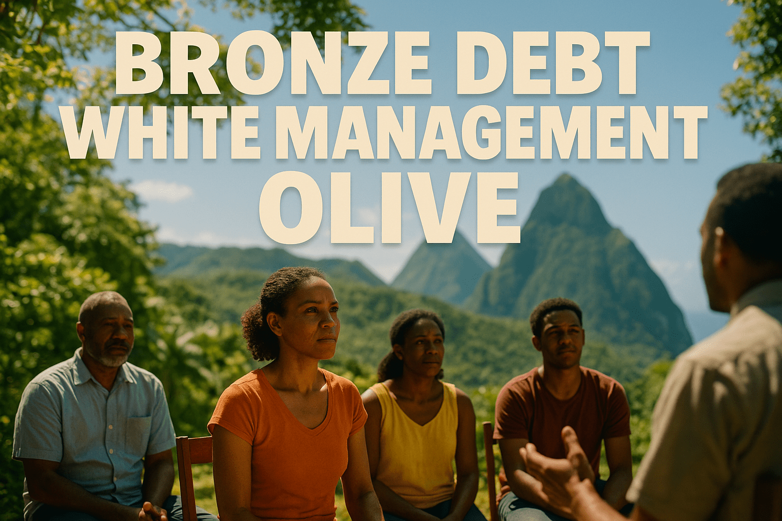 A cinematic image of a vibrant Caribbean landscape showcasing Saint Lucia's lush greenery and mountainous terrain, with a diverse group of people looking hopeful and engaged in a community meeting about debt management. Bright sunlight filters through the trees, creating a warm and inviting atmosphere. The camera captures the scene with a shallow depth of field, focusing on the faces of the participants, conveying determination and optimism. The background features a clear blue sky and the iconic Pitons mountains, symbolizing resilience. High-impact phrase in multi-line H2 'impact' font: 'BRONZE DEBT WHITE MANAGEMENT OLIVE'. The words are bold and separated from the background with a slight shadow effect for emphasis.