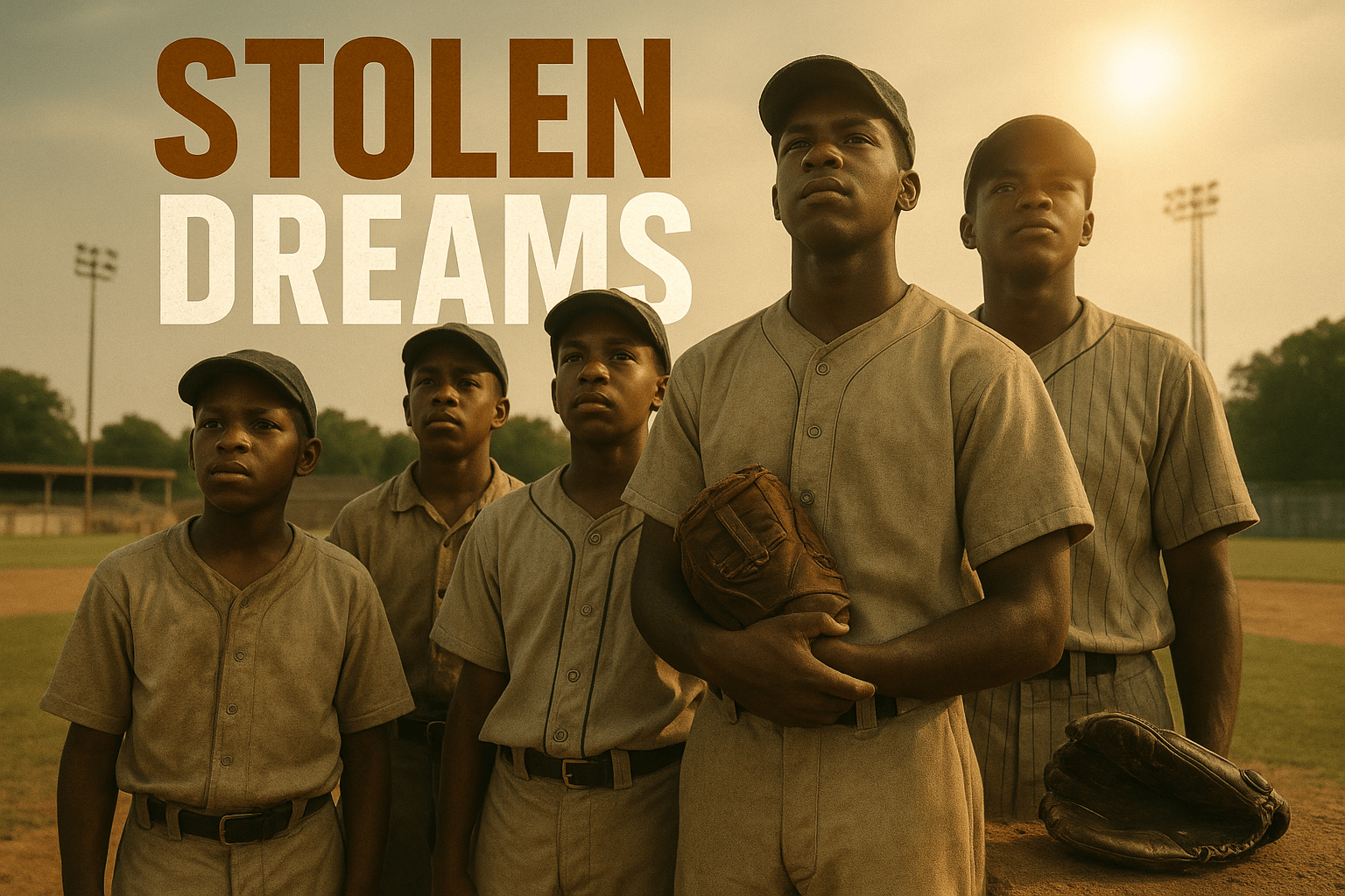 A realistic photojournalistic image of a diverse group of young Black baseball players in 1950s attire, standing together with expressions of determination and hope, set against a backdrop of a vintage baseball field. The lighting is warm and nostalgic, capturing the essence of a summer day, with a slight lens flare to evoke emotion. The mood is poignant yet uplifting, highlighting their dreams and aspirations amidst adversity. The composition follows the rule of thirds, focusing on the players in the foreground while the field stretches behind them. The high-impact phrase 'STOLEN DREAMS' is displayed in a multi-line H2 impact font, with 'STOLEN' in Bronze, 'DREAMS' in White, and a striking detail of a baseball glove resting on the ground, symbolizing lost opportunities.