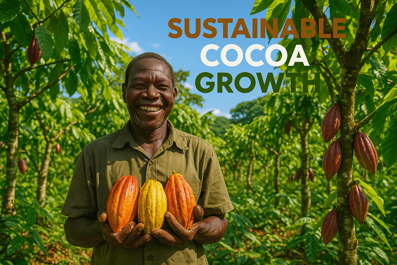 A cinematic image of a vibrant cocoa farm in Cameroon, showcasing lush green trees intertwined with cocoa plants, under a bright blue sky. The scene features a smiling Indigenous farmer holding ripe cocoa pods, with sunlight filtering through the leaves, creating a warm and inviting atmosphere. The composition follows the rule of thirds, drawing the viewer's eye to the farmer's joyful expression. Use bright colors to highlight the cocoa pods and greenery, with a soft focus on the background to emphasize the farmer. The high-impact phrase 'SUSTAINABLE COCOA GROWTH' in a multi-line H2 'impact' font, with 'SUSTAINABLE' in Bronze, 'COCOA' in White, and 'GROWTH' in Olive, positioned strategically to avoid the 20% safe zone from all margins.