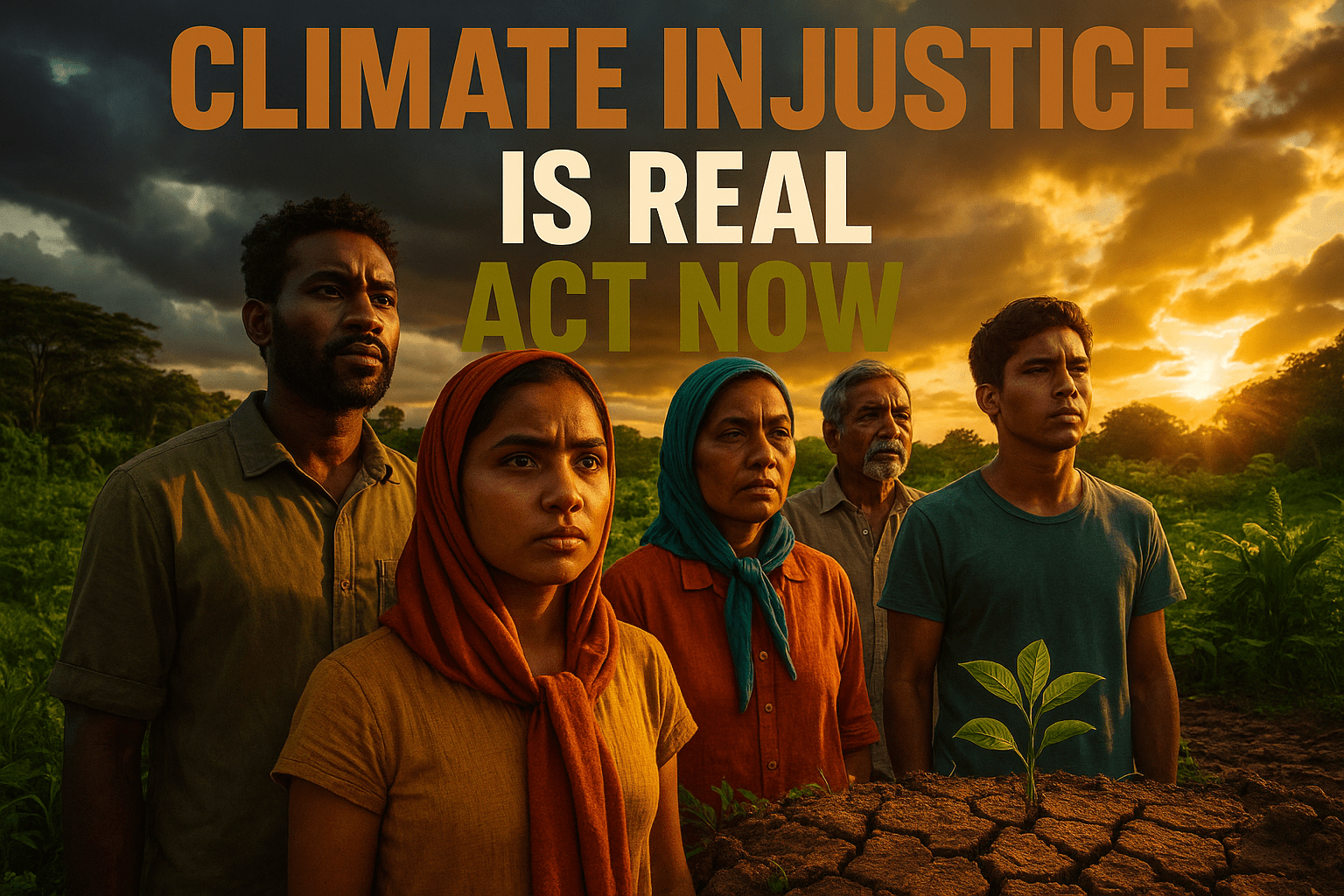 A cinematic image of a diverse group of people from the Global South, standing together in a lush, vibrant landscape affected by climate change, with expressions of determination and hope. The scene is illuminated by warm, golden hour lighting, creating a hopeful mood. The camera captures a close-up of their faces, showcasing a mix of emotions, while a striking detail is a small plant sprouting from cracked earth in the foreground. The background features a dramatic sky with contrasting dark storm clouds and rays of sunlight breaking through. Use bright colors to enhance the emotional impact. In bold, multi-line H2 'impact' font, the text reads: 'CLIMATE INJUSTICE' in bronze, 'IS REAL' in white, 'ACT NOW' in olive.