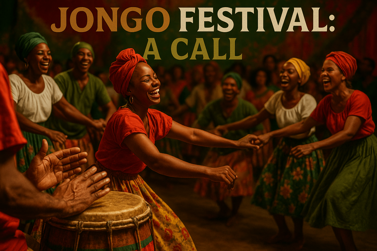 A realistic photojournalistic image of a vibrant Jongo festival in Rio de Janeiro, featuring a diverse group of dancers in traditional attire performing a circle dance, with colorful drums and expressive faces, bright and warm lighting capturing the energy of the celebration, a close-up of a drummer's hands striking a beautifully crafted 200-year-old Jongo drum, the mood is lively and celebratory, with a striking contrast of deep reds, greens, and golds in the background. 'JONGO FESTIVAL: A CALL' in a multi-line H2 impact font, with 'JONGO' in Bronze, 'FESTIVAL:' in White, and 'A CALL' in Olive, ensuring the text stands out against the vibrant colors without cluttering the image.