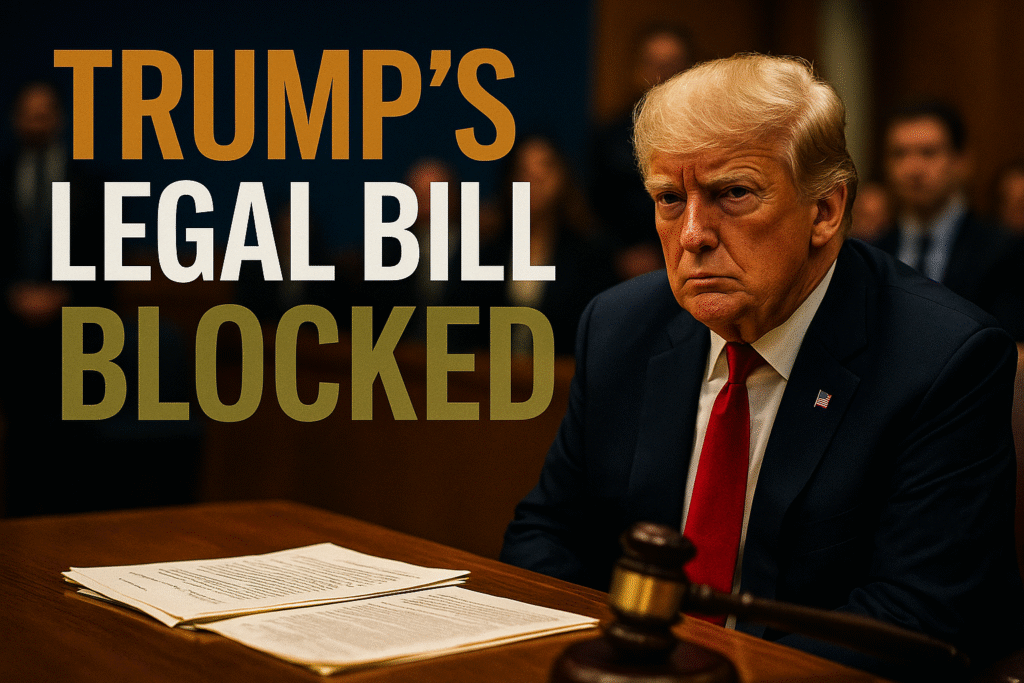 A realistic photojournalistic image of a courtroom scene with a focused expression on Donald Trump's face, surrounded by legal documents and a gavel, bright lighting highlighting the tension in the room, capturing the mood of legal drama and accountability. The background features blurred figures of lawyers and spectators, emphasizing the gravity of the moment. Use contrasting colors of deep blue and gold to enhance the focal point. Include the text in a multi-line H2 'impact' font: 'TRUMP'S' in Bronze, 'LEGAL BILL' in White, 'BLOCKED' in Olive, ensuring the text is well-positioned and visually striking against the background.