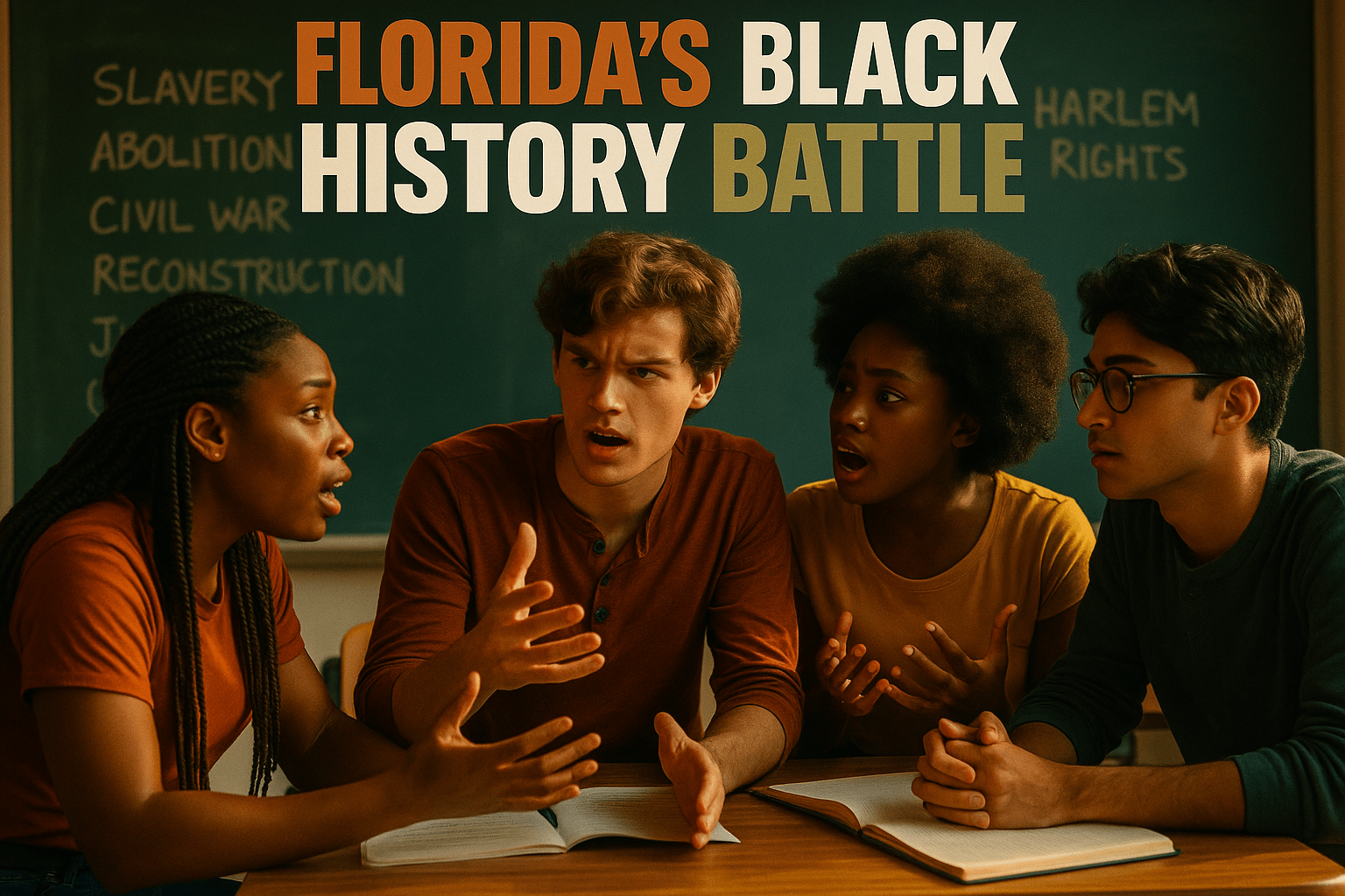 A cinematic image of a diverse group of students engaged in a passionate discussion about Black history in a classroom setting, with bright, warm lighting illuminating their expressive faces. The mood is intense yet hopeful, capturing the urgency of the conversation. In the background, a chalkboard displays historical events and figures related to Black history, creating a striking detail. Use contrasting colors to highlight the students and the chalkboard, ensuring the image is vibrant and eye-catching. The composition follows the rule of thirds, guiding the viewer's eye towards the students. At the top, in a multi-line H2 'impact' font, the text reads: 'FLORIDA'S BLACK HISTORY BATTLE' with 'FLORIDA'S' in Bronze, 'BLACK' in White, and 'HISTORY BATTLE' in Olive.