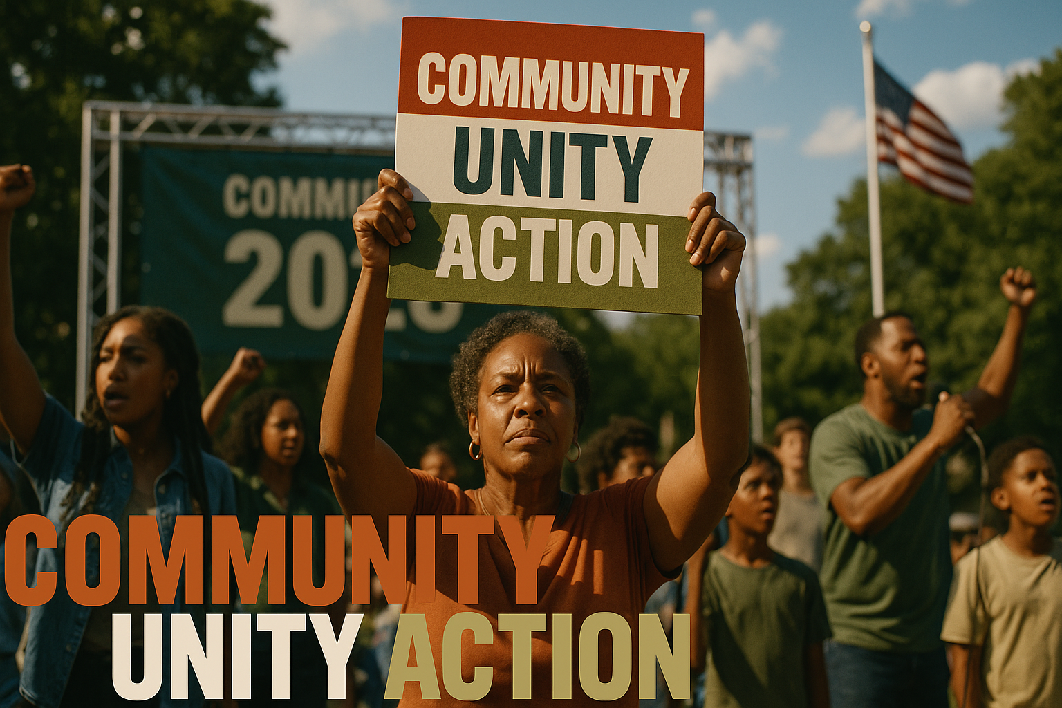 A photojournalistic image of an outdoor community town hall rally in 2026. In the foreground, a determined middle-aged Black woman holds a large sign reading “COMMUNITY UNITY ACTION” in bronze, white, and olive green. Behind her, diverse participants of all ages raise fists and speak into microphones, with a stage, banners, trees, and an American flag waving in the background under bright sunlight.
