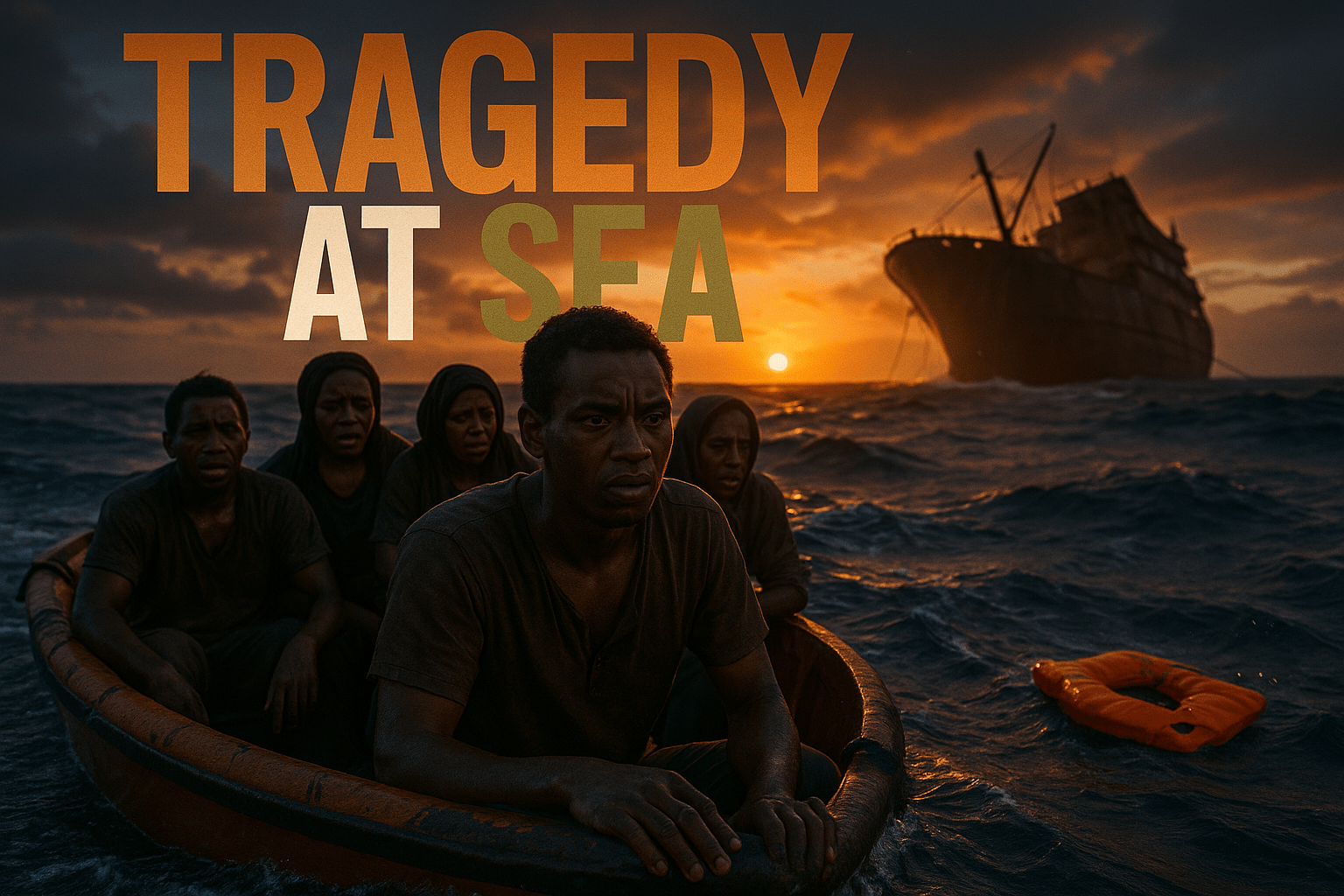 A cinematic image of a shipwreck scene in the Gulf of Aden, capturing the emotional expressions of distressed African migrants in a lifeboat, illuminated by dramatic sunset lighting. The mood is tense and somber, with waves crashing around the boat. The striking detail is a single life jacket floating in the water, symbolizing hope amidst tragedy. The composition follows the rule of thirds, guiding the viewer's eye towards the migrants' faces. The color palette features deep blues and warm oranges to enhance contrast. Overlay the high-impact phrase in a multi-line H2 'impact' font: 'TRAGEDY AT SEA' with 'TRAGEDY' in Bronze, 'AT' in White, and 'SEA' in Olive, ensuring the text is outside the 20% safe zone from all margins.