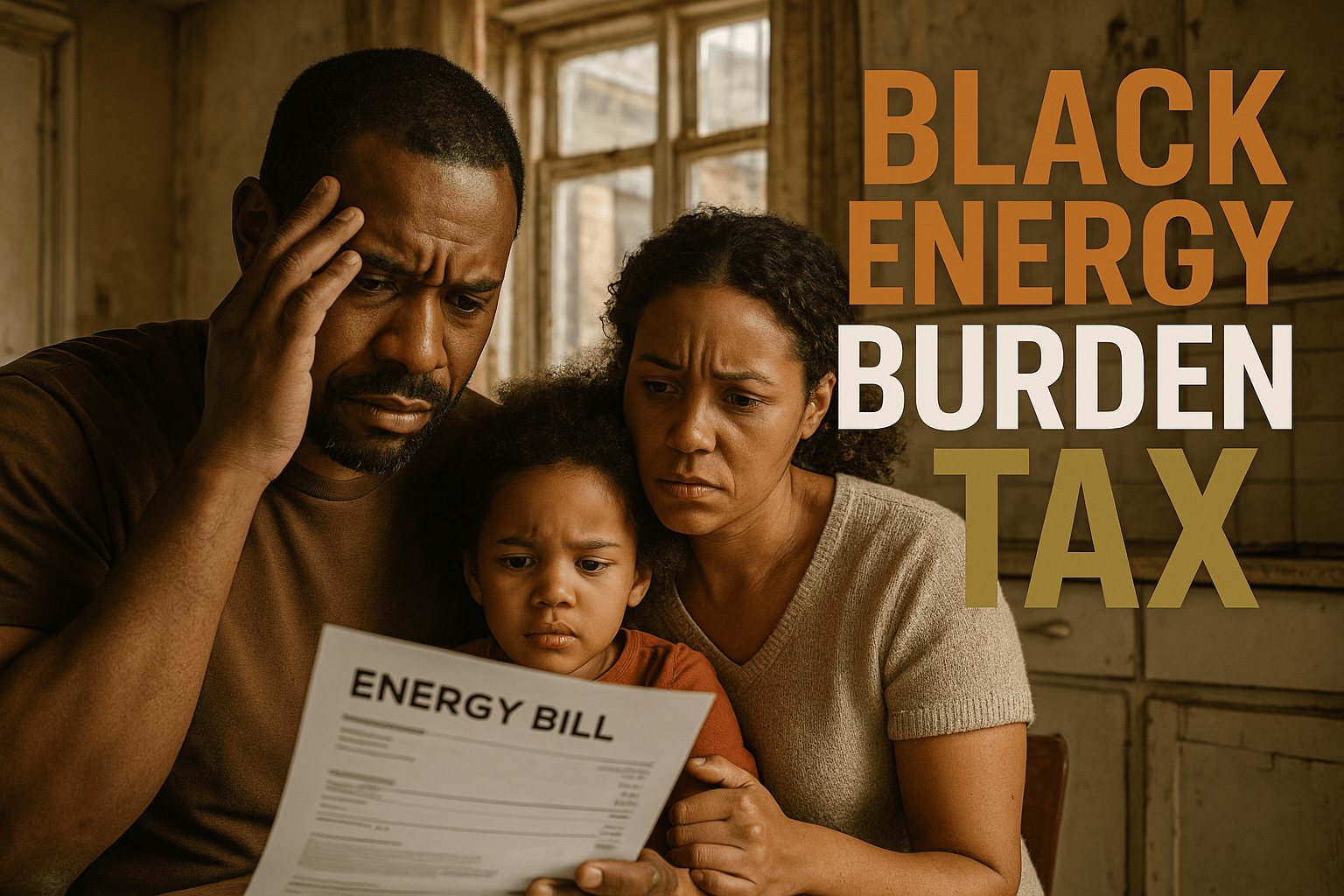 A realistic photojournalistic image of a concerned Black family in their home, looking at energy bills with expressions of worry and frustration, bright natural lighting illuminating their faces, capturing the emotional weight of energy burden. The background shows an old, inefficient home with visible signs of wear. The composition follows the rule of thirds, focusing on the family's expressions while contrasting warm and cool tones to enhance the mood. Overlay the text in a multi-line H2 'impact' font: 'BLACK ENERGY' in Bronze, 'BURDEN' in White, 'TAX' in Olive, ensuring the text is prominent and separated from the background.