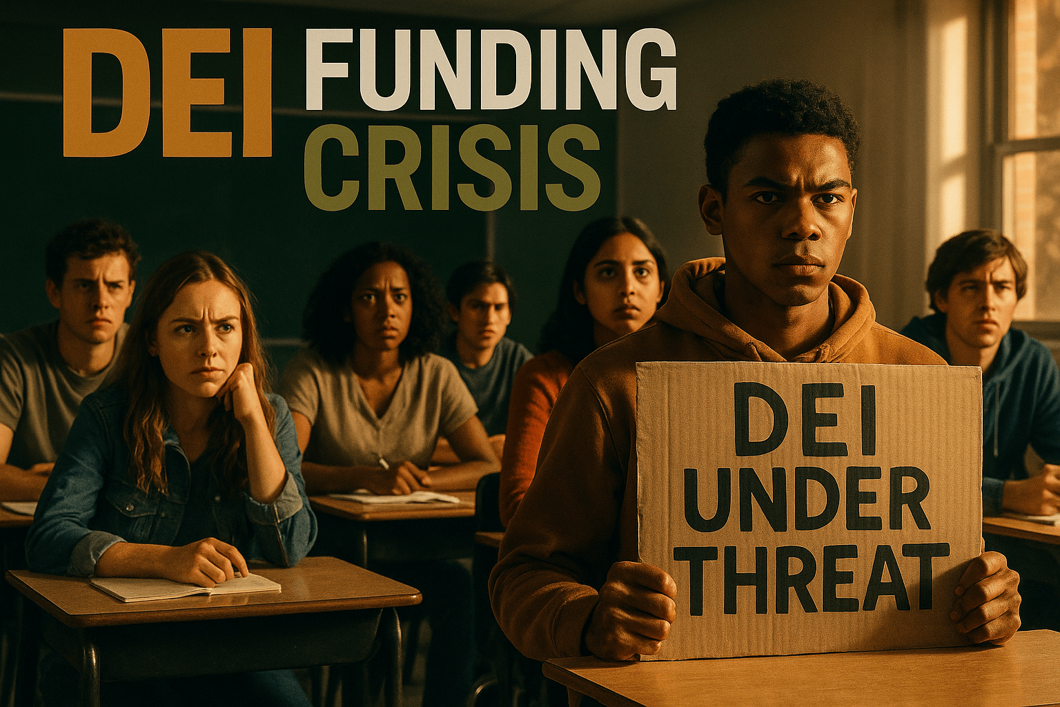A cinematic image of a divided classroom scene, showcasing a diverse group of students with contrasting expressions of concern and determination, bright colors highlighting their emotions, dramatic lighting casting shadows to emphasize tension, a close-up of a student holding a protest sign reading 'DEI UNDER THREAT', photorealistic style, capturing the mood of resistance and hope, using the rule of thirds for composition, with the phrase 'DEI FUNDING CRISIS' in a multi-line H2 impact font: 'DEI' in Bronze, 'FUNDING' in White, 'CRISIS' in Olive, ensuring text elements remain outside a 20% safe zone from all margins.