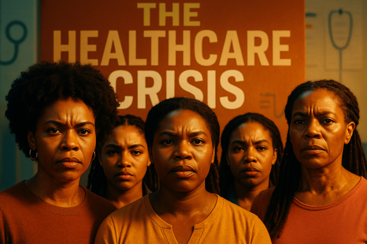A cinematic image of a diverse group of Black women standing together in solidarity, expressing determination and resilience, with bright, contrasting colors highlighting their faces. The lighting is warm and inviting, creating a hopeful atmosphere. The camera captures an emotional close-up, focusing on their expressions of strength and unity. In the background, subtle hints of healthcare symbols like stethoscopes and medical charts are blurred to emphasize the importance of access to healthcare. The phrase 'HEALTHCARE CRISIS' is displayed in a multi-line H2 'impact' font, with 'HEALTHCARE' in Bronze, 'CRISIS' in White, and the word 'THE' in Olive, ensuring it pops against the vibrant background.