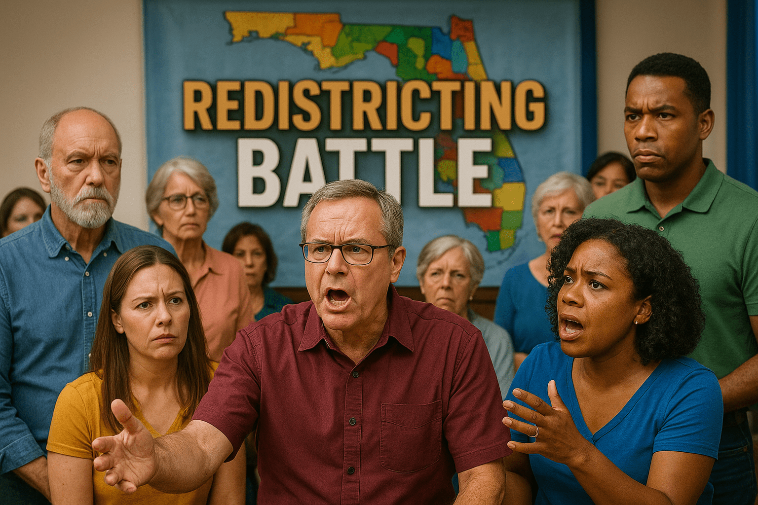 A realistic photojournalistic image of a diverse group of concerned citizens gathered at a town hall meeting, passionately discussing redistricting, with vibrant colors highlighting their expressions of determination and urgency. The lighting is bright and engaging, capturing the intensity of the moment. The composition follows the rule of thirds, focusing on the central figure speaking, while the background shows a large map of Florida with highlighted districts. The high-impact phrase 'REDISTRICTING BATTLE' is displayed in a multi-line H2 'impact' font, with 'REDISTRICTING' in Bronze, 'BATTLE' in White, and a subtle Olive shadow effect to create depth, ensuring the text stands out against the dynamic background.