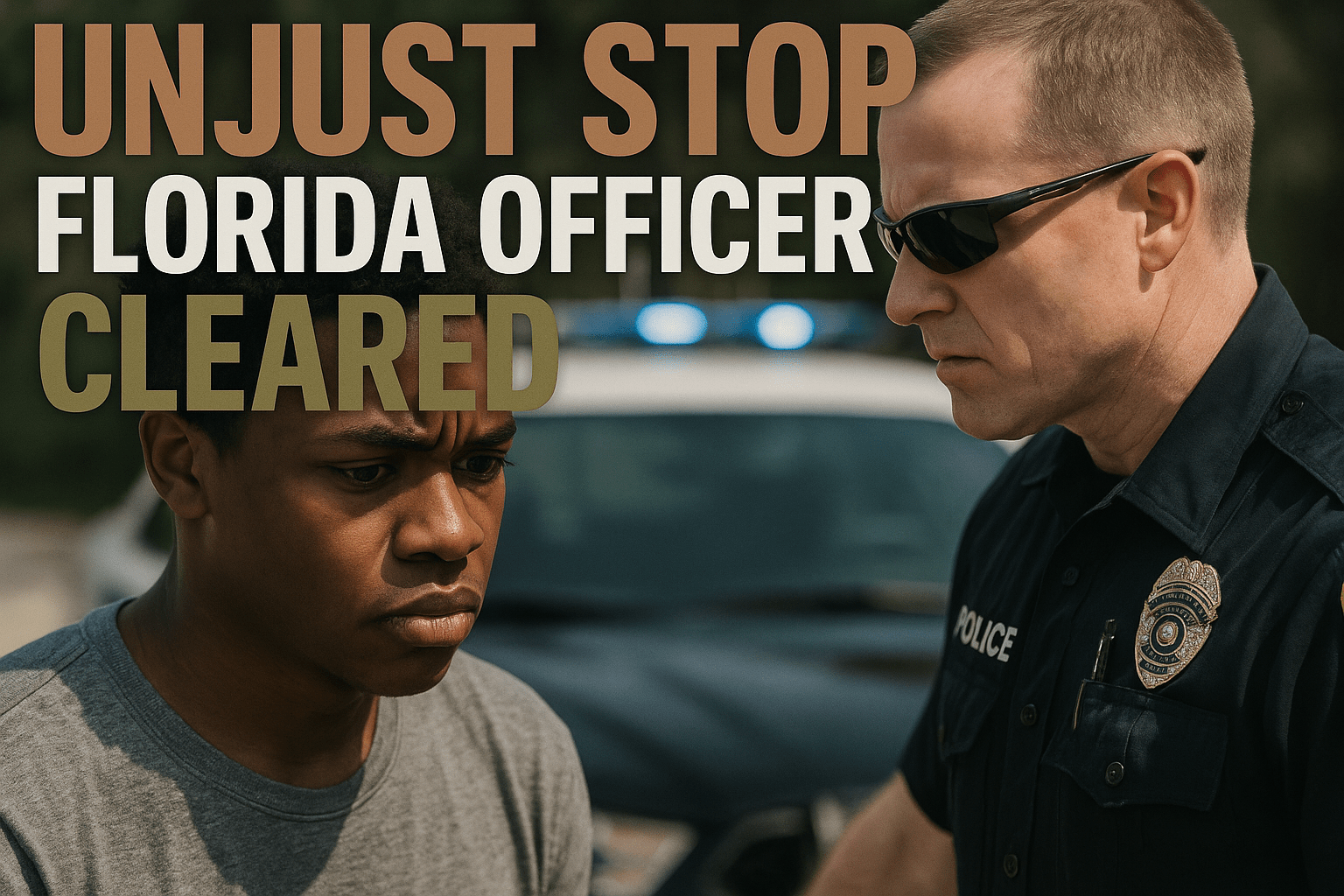 A realistic photojournalistic image of a Black college student looking distressed while being confronted by a police officer during a traffic stop, bright lighting highlighting their expressions, capturing the tension of the moment, with a blurred background of a police vehicle. The mood is serious and thought-provoking, emphasizing the emotional weight of the situation. Include the high-impact phrase in a multi-line H2 'impact' font: 'UNJUST STOP' in Bronze, 'FLORIDA OFFICER' in White, 'CLEARED' in Olive, ensuring the text is prominent and separated from the background.